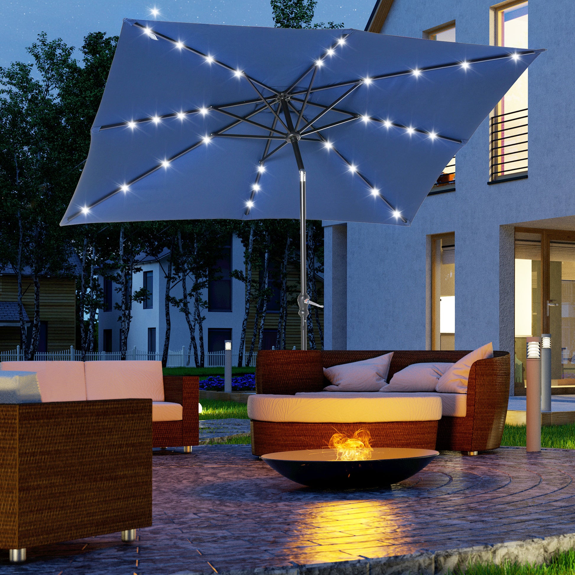 Outsunny 9' X 7' Solar Umbrella, Led Lighted Patio Umbrella For Table Or Base With Tilt & Crank, Outdoor Umbrella For Garden, Deck, Backyard, Pool, Beach, Blue Blue Steel