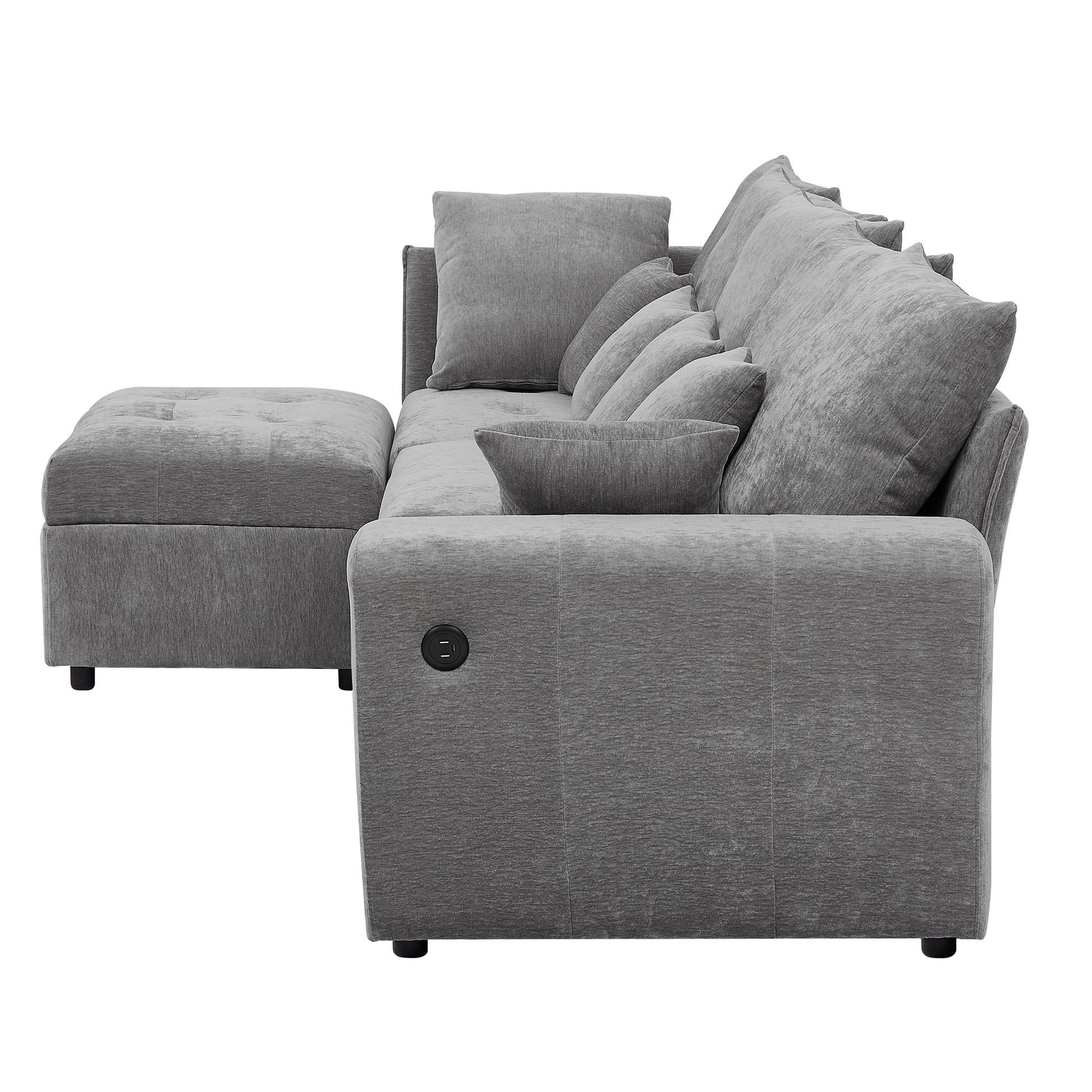 96.45"Sectional Sofa Modular Sofa Couch With Three Usb Ports, A Removable Storage Ottoman And Five Back Pillows For Living Room, Grey Grey Foam Chenille 4 Seat