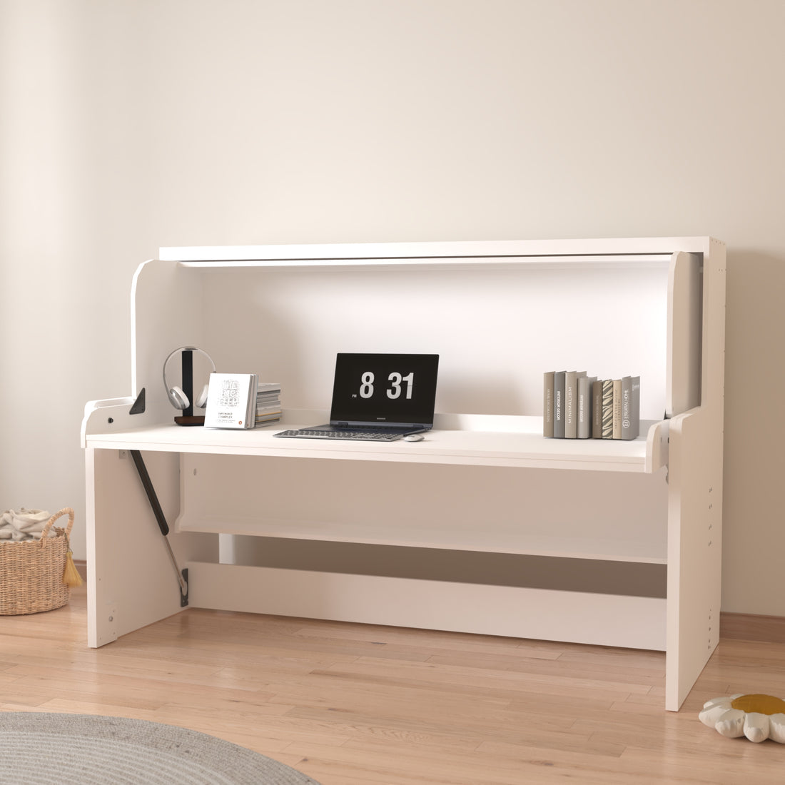 Murphy Bed With Desk, Ideal Bedroom Furniture For Small Spaces, Horizontal & Vertical Pull Out Beds And Space Saving Furniture, Foldable Beds Horizontal Single White Particle Board Mdf