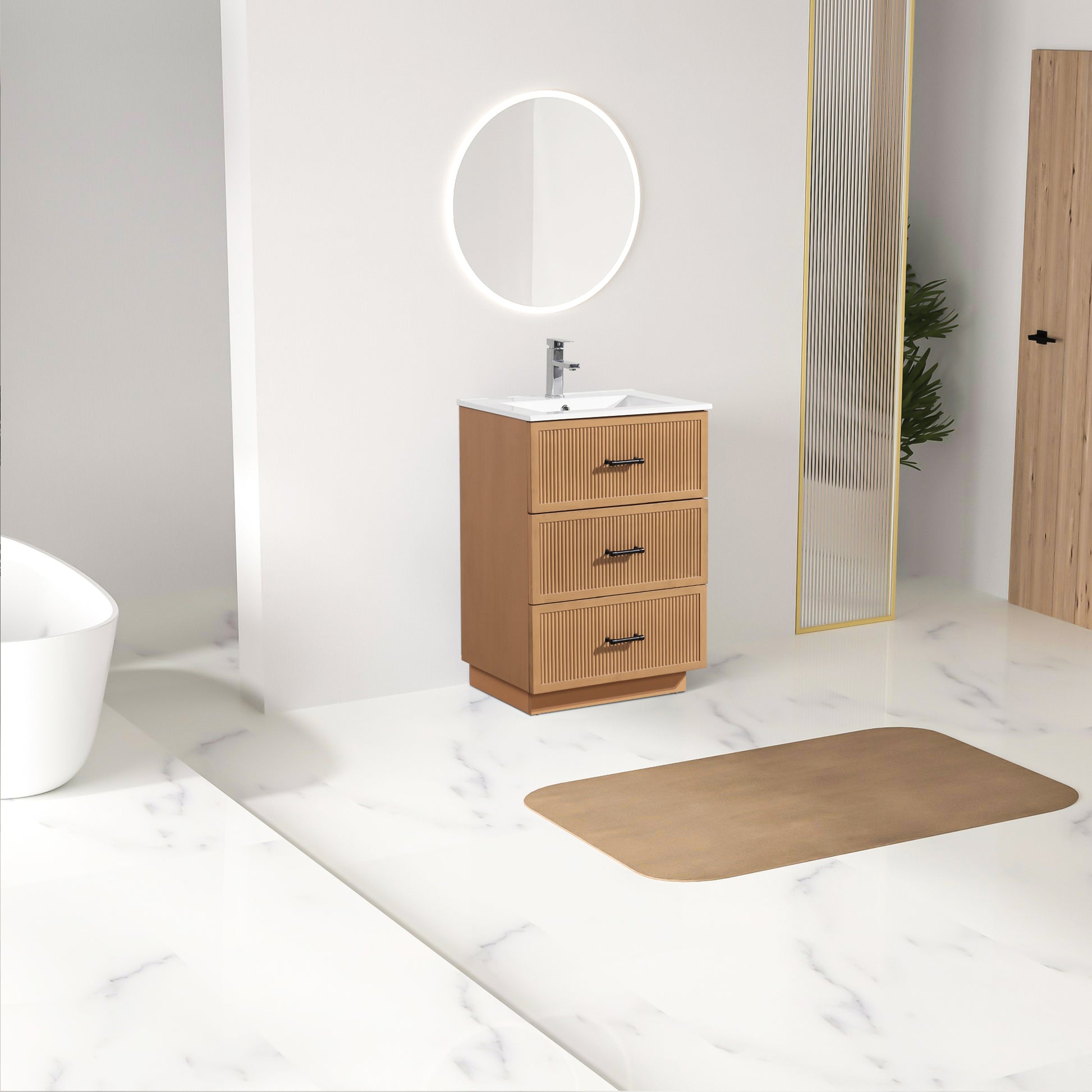 24 Inch Bathroom Vanity With Ceramic Sink Set, Modern Freestanding Bathroom Storage Cabinet With 2 Drawers, Floor Standing Bath Vanity Combo, Light Brown Light Brown Mdf