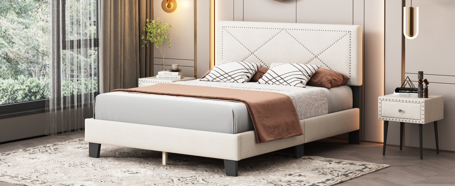 Simple Queen Size Upholstered Bed Frame With Rivet Design, Modern Velvet Platform Bed With Headboard, Beige Queen Beige Bedroom Bed Frame Velvet Solid Wood Mdf