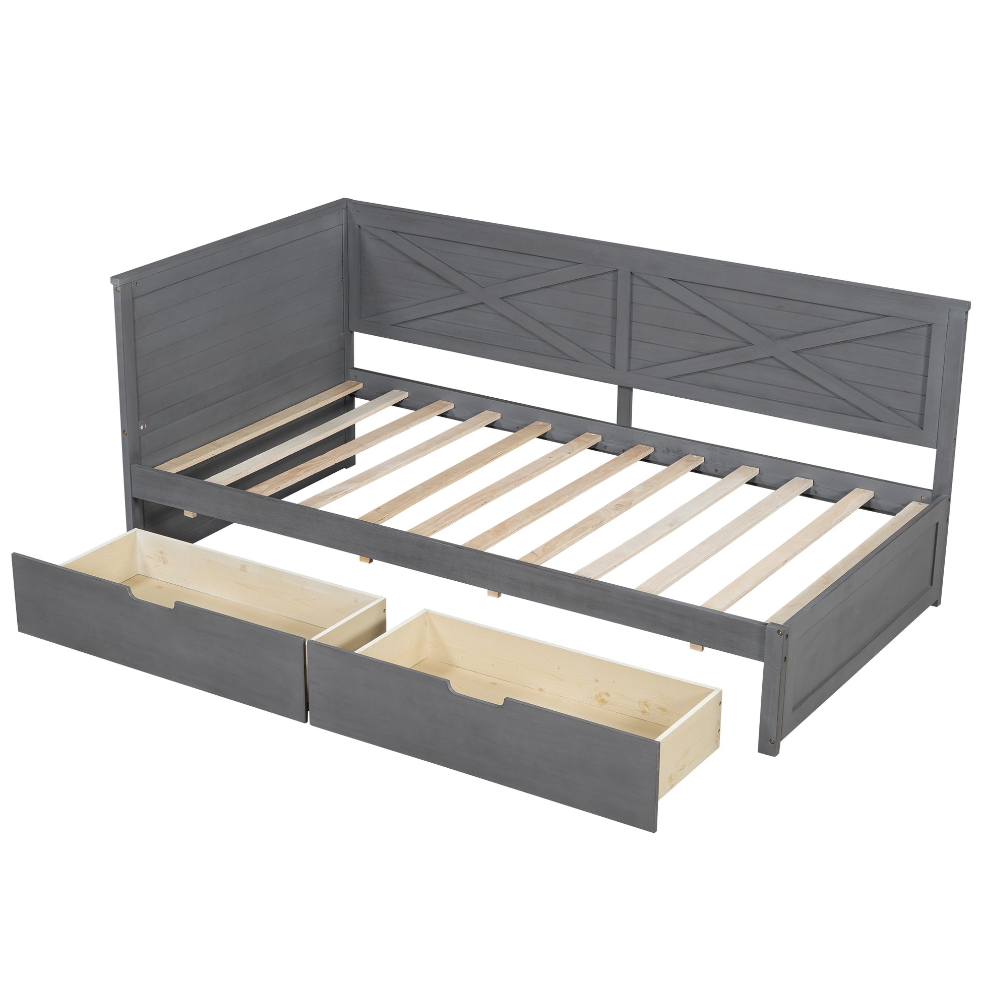 Twin Size Wood Daybed With 2 Drawers And Rustic Guardrail, Ancient Grey Expected Arrival Time: 8.28 Box Spring Not Required Twin Grey Wood Daybeds Solid Wood Mdf