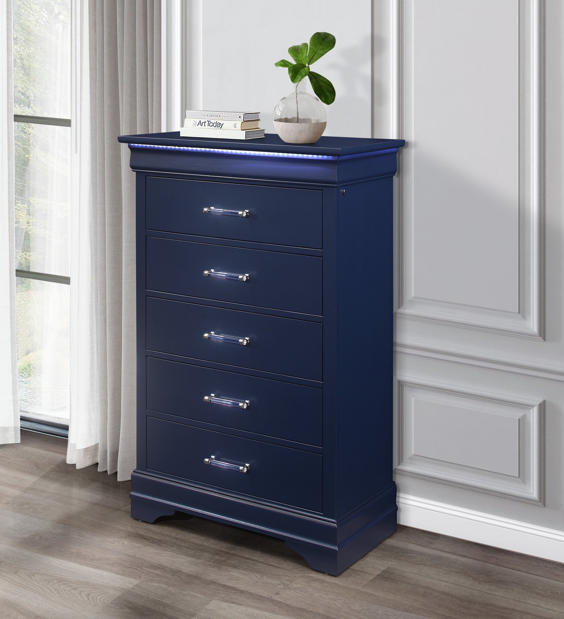 Charlston Blue Chest With Led Blue Solid Wood Mdf