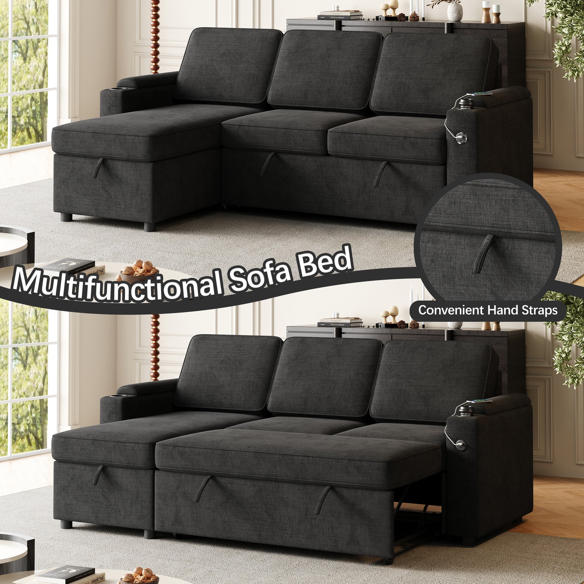 Mh85.8" Sleeper Sofa, Sofa Bed 2 In 1 Pull Out Sofa Bed With Storage Sofa, Sofa Sleeper With Pull Out Bed With Charging Port Black Polyester Primary Living Space Eucalyptus Polyester Fabric 3 Seat