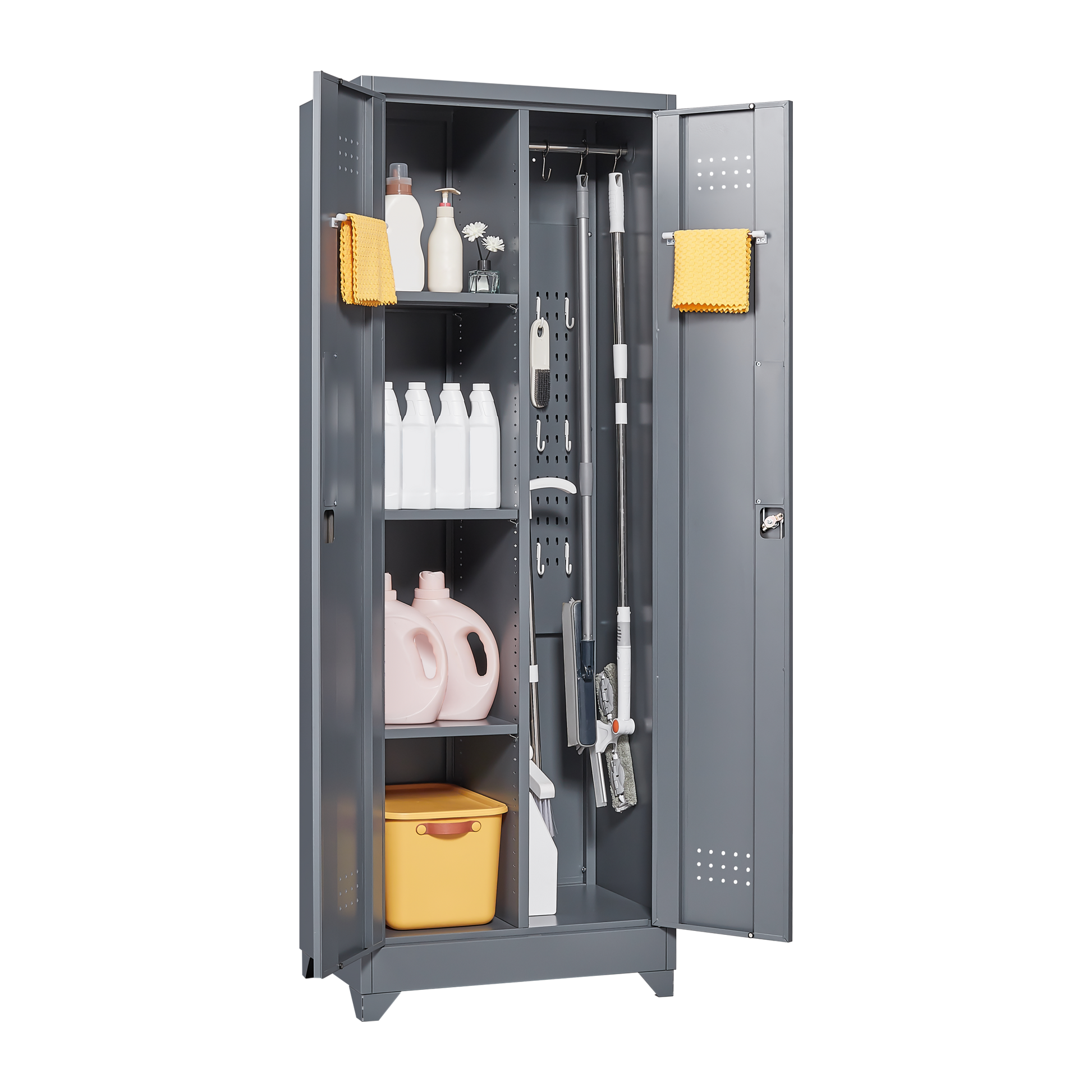 Metal Storage Cabinets, Cleaning Tool Cabinet With Locking Door, Tall Broom Tool Organizer And Storage, Large Storage Cabinet For Kitchen, Pantry, Office, Shop 3 4 Shelves Grey Door Locks Modern Metal