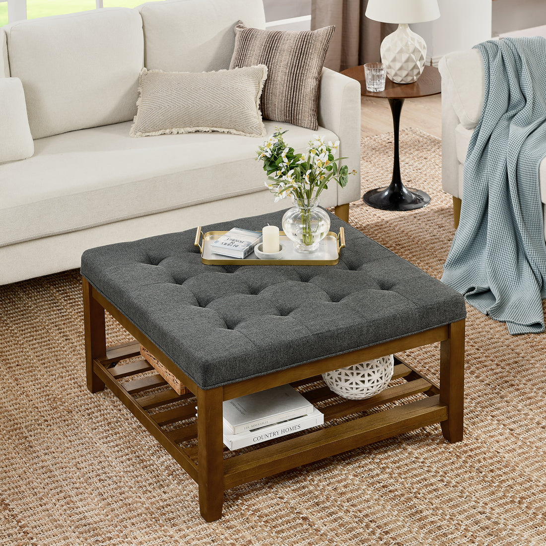 Upholstered Coffee Table Tufted Linen Large Square Ottoman With Beech Wood Shelf And Frame, Oversized Footrest Ottoman For Living Room, Dark Gray Light Brown Wood Primary Living Space Grey Medium Duty Beech Wood Dark Gray Linen Or Linen Blend Backless