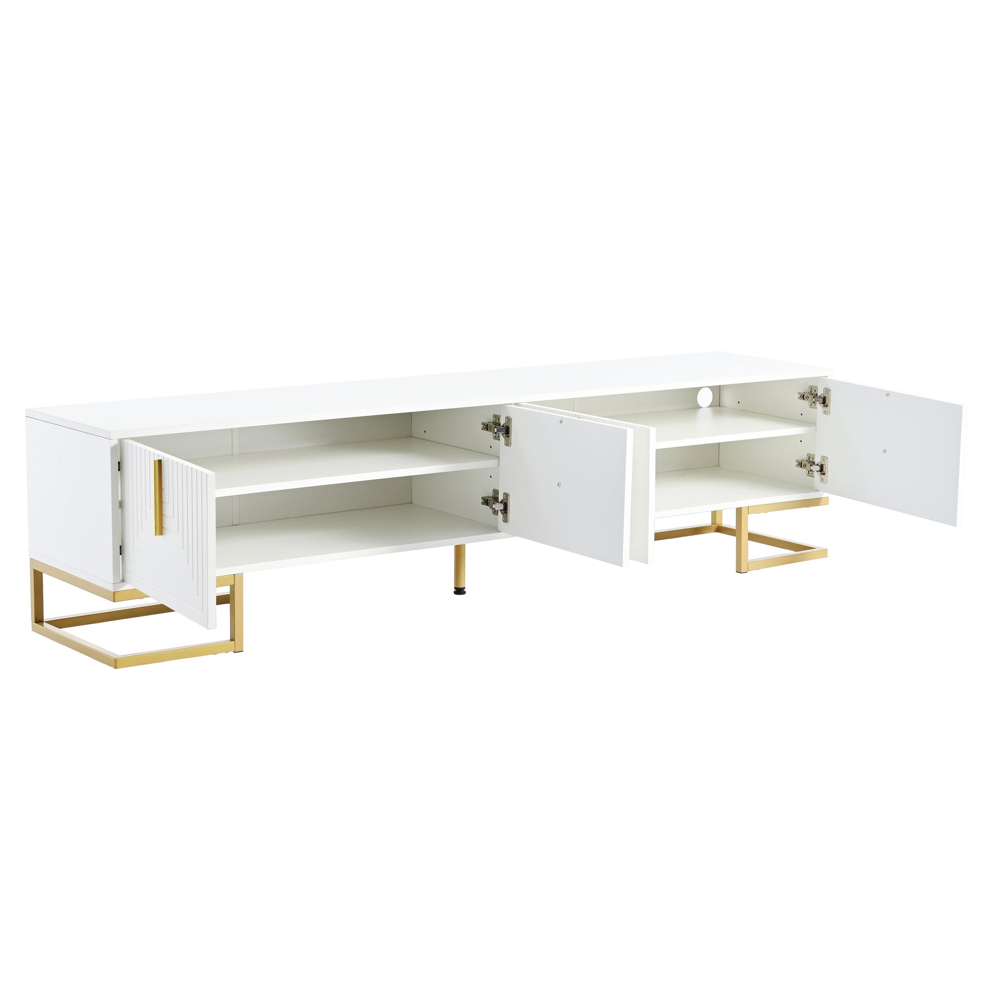 Modern Tv Stand With Metal Legs And Gold Handles For Tvs Up To 80'', Media Console Table With Cabinets And Adjustable Shelves, Luxury Tv Cabinet With Geometric Lines For Living Room, White White Gold Primary Living Space 80 89 Inches 80 89 Inches 80