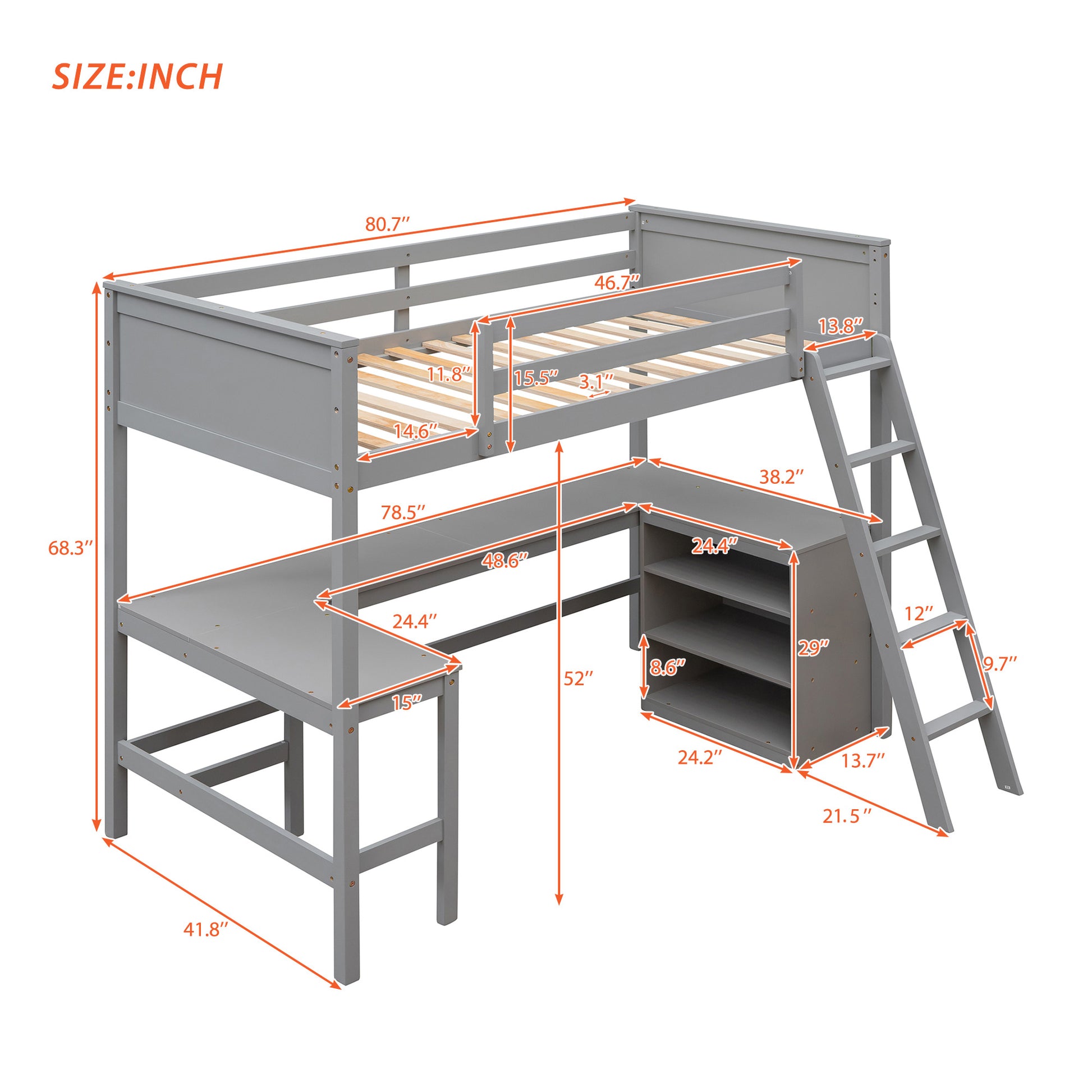 Twin Size Loft Bed With Shelves And Desk, Wooden Loft Bed With Desk Gray Old Sku:Lt000537Aae Twin Gray Solid Wood