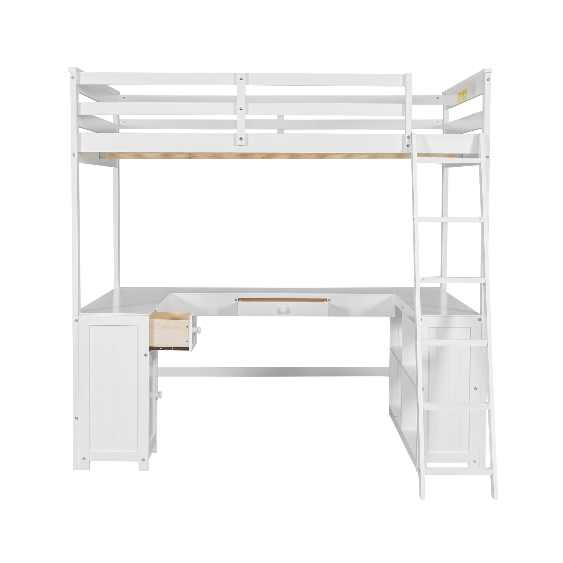 Full Size Loft Bed With U Shaped Desk, Drawers And Storage Shelves, White Box Spring Not Required Full White Wood Bedroom Solid Wood Mdf