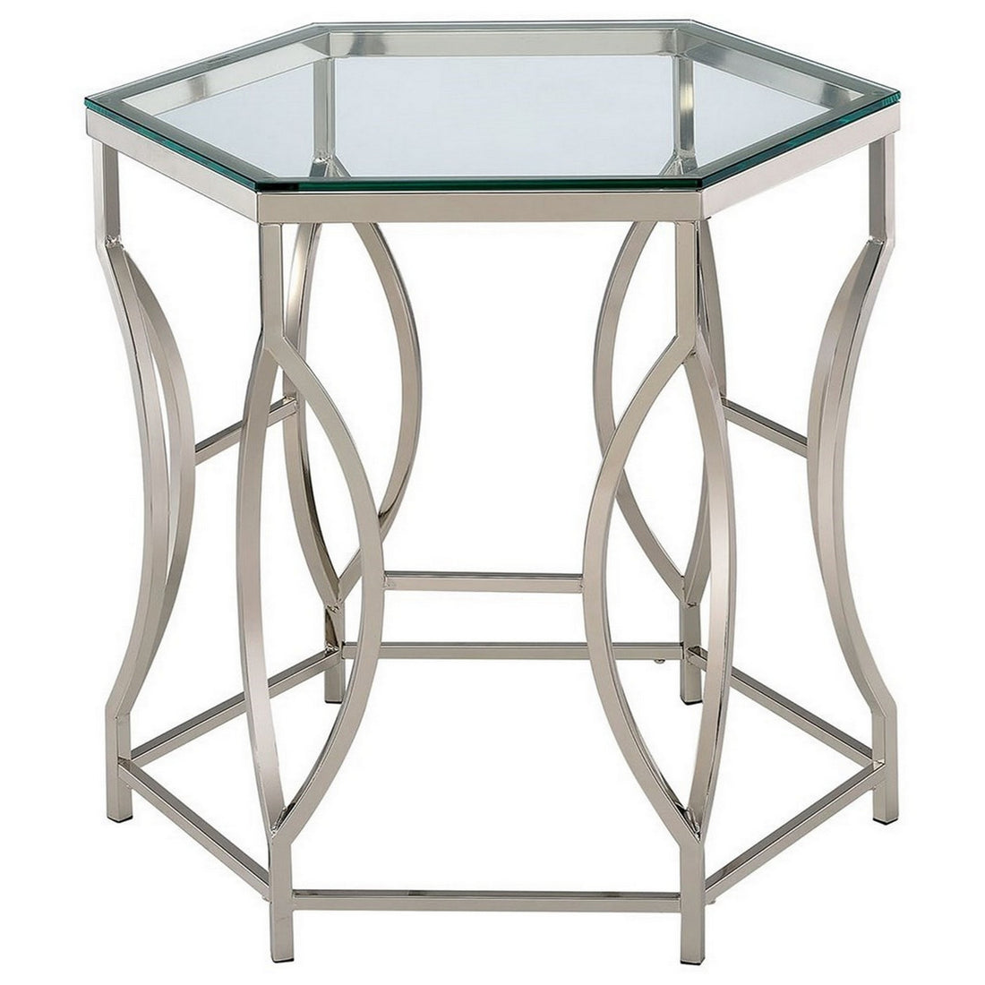 Slade 26 Inch Side End Table, Hexagonal Glass Top, Geometric Base, Chrome Chrome Glass Metal