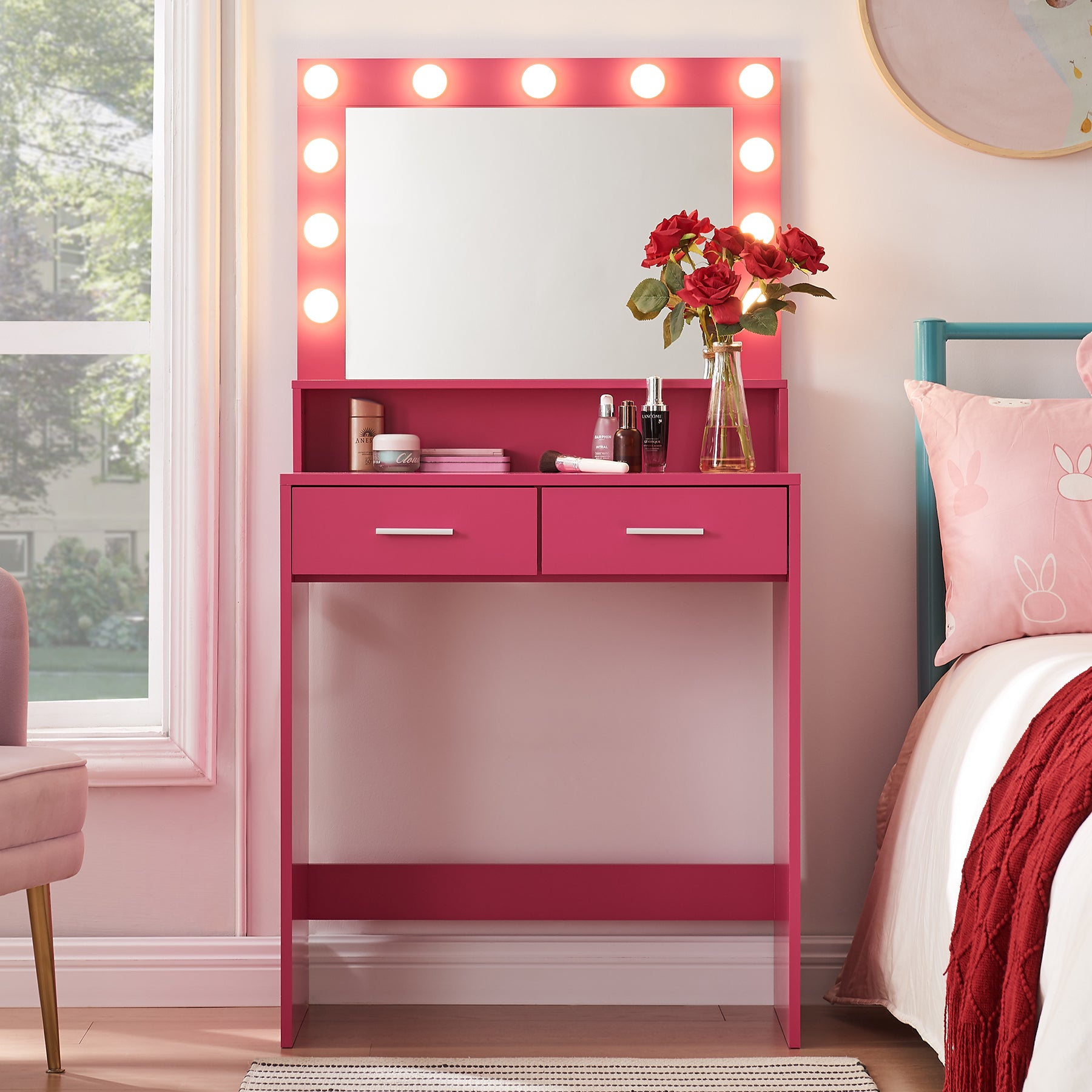 Vanity Desk With Mirror And Lights, Dressing Table With Large Drawer, 2 Level Storage Dresser & 3 Lighting Modes Adjustable Brightness, Suitable For Bedroom Rose Pink Rose Pink Particle Board