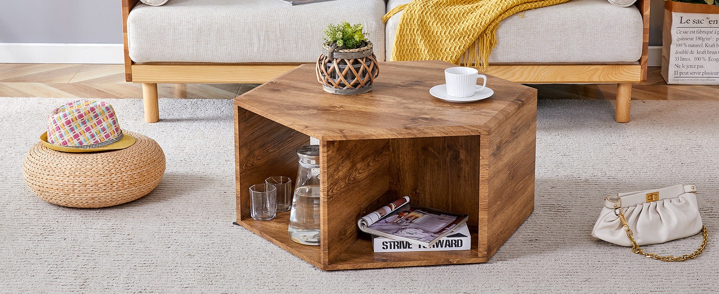 Hexagonal Mdf Coffee Table, Characteristic Pattern Stickers, Multi Hole Design To Give More Storage Space, Simple And Convenient Design Makes It Suitable For All Kinds Of Style Scenes. Wood Mdf