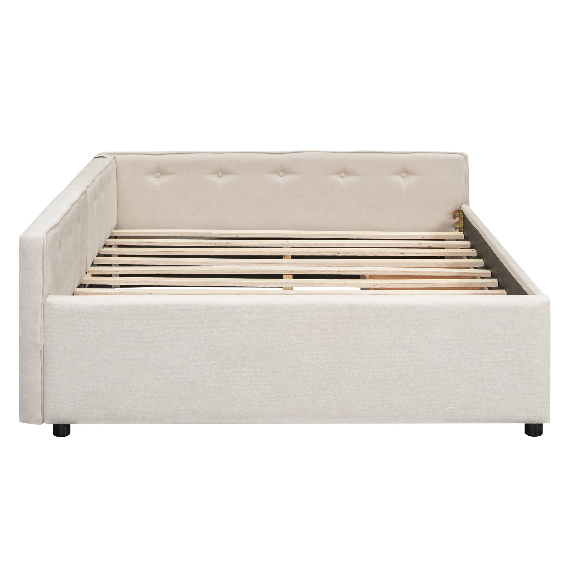 Full Size Upholstered Platform Bed With Usb And 2 Drawers, Beige Box Spring Not Required Full Beige Wood Bedroom Bed Frame Linen Upholstered
