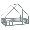 Full Wood House Shaped Floor Bed With Fence, Guardrails,Grey Full Grey American Design Pine