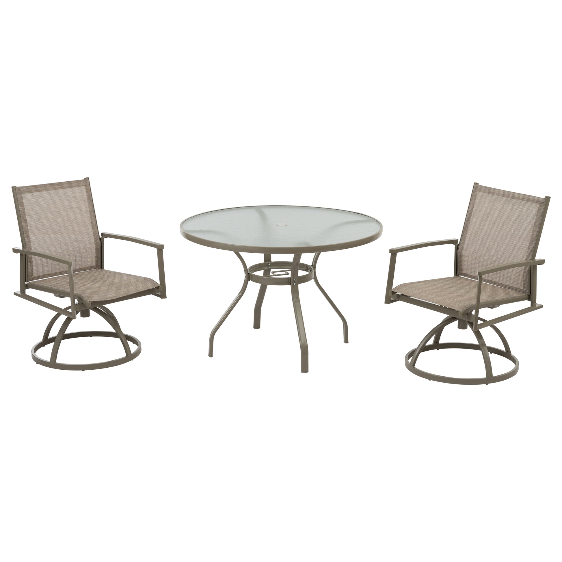 3 Piece Bistro Patio Table And Chairs Set With Tan Pvc Sling Swivel Rocker Chairs And Round Cast Top Outdoor Table, Premium Weather Resistant Outdoor Dining Set For Backyard & Deck No Brown Rust Resistant Frame Garden & Outdoor Classic 2 Person Seating