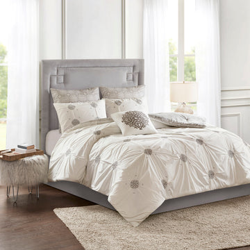 6 Piece Embroidered Cotton Reversible Comforter Set Ivory Full Queen Full Ivory Polyester