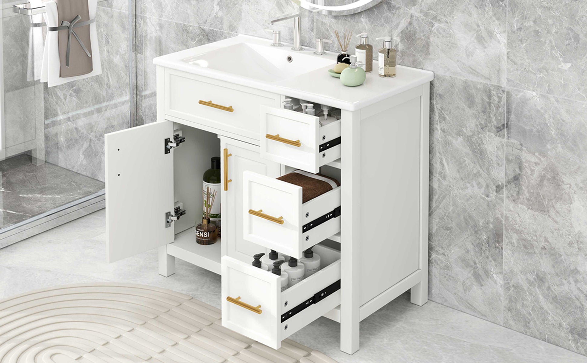 36" Bathroom Vanity With Sink Top, Bathroom Vanity Cabinet With Two Doors And Three Drawers, Solid Woodmdf Boards ,One Package, White Old Sku:Wf319757Aak White Solid Wood Mdf