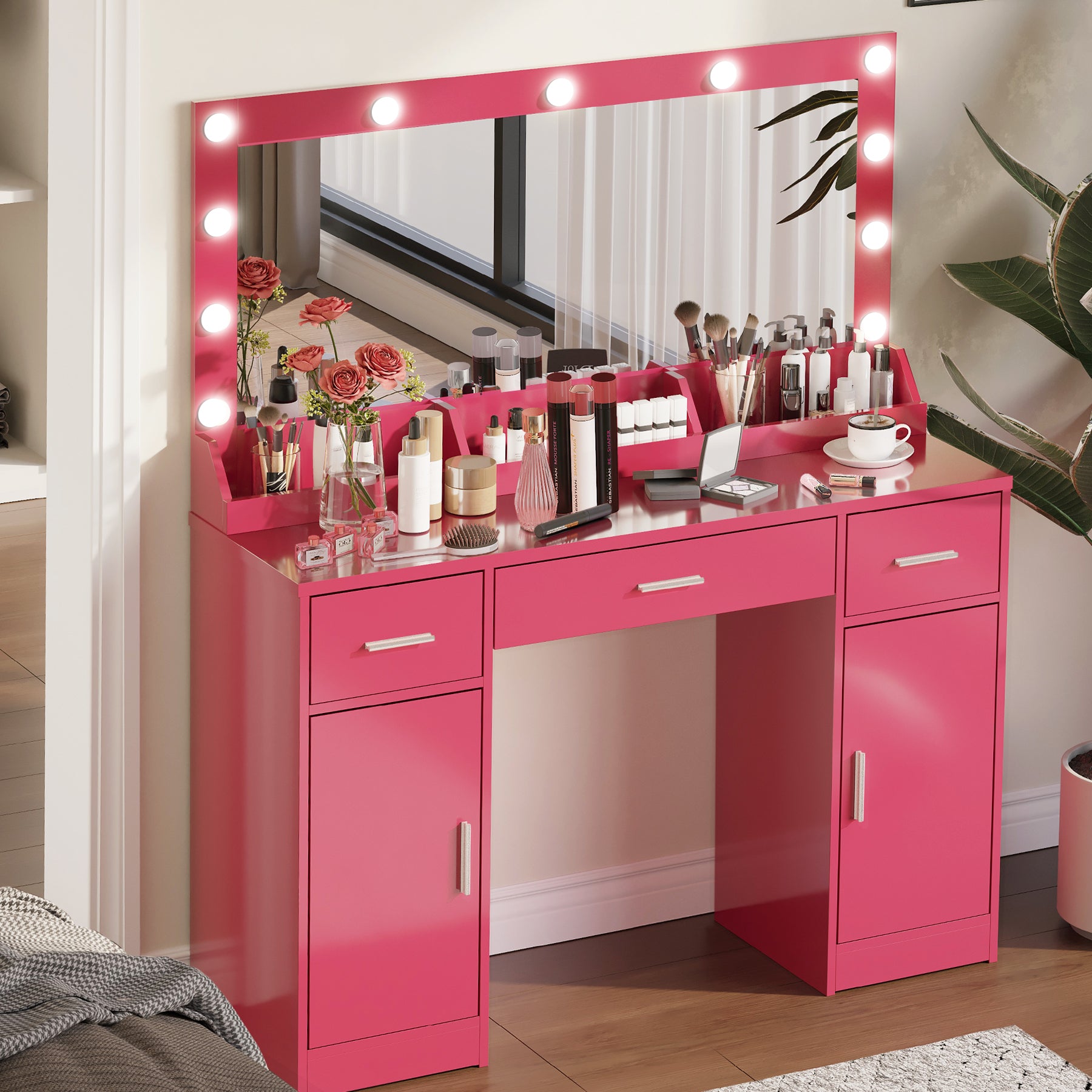 47.2"Vanity Desk With Large Mirror, 3 Colour Lighting Modes, Adjustable Brightness, Dresser With 3 Drawers & 2 Vertical Cabinets, Makeup Vanity Table For Women & Girls Rose Pink Rose Pink Particle Board