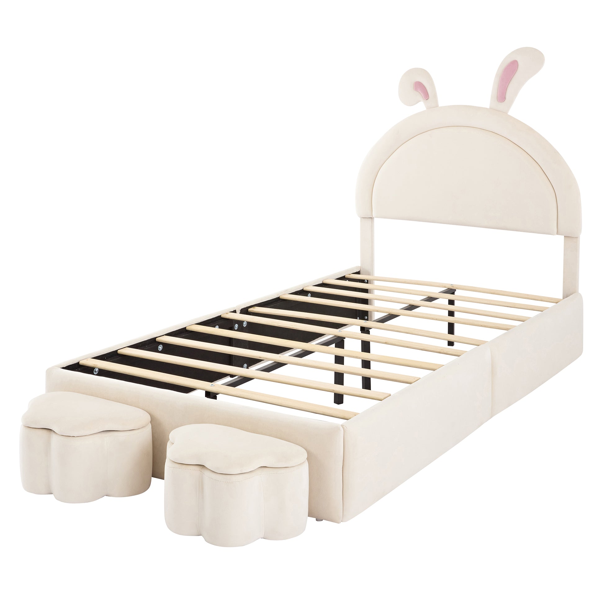 Twin Size Upholstered Rabbit Shape Bed With 2 Storage Stools, Velvet Platform Bed With Cartoon Ears Shaped Headboard, White Twin White Wood