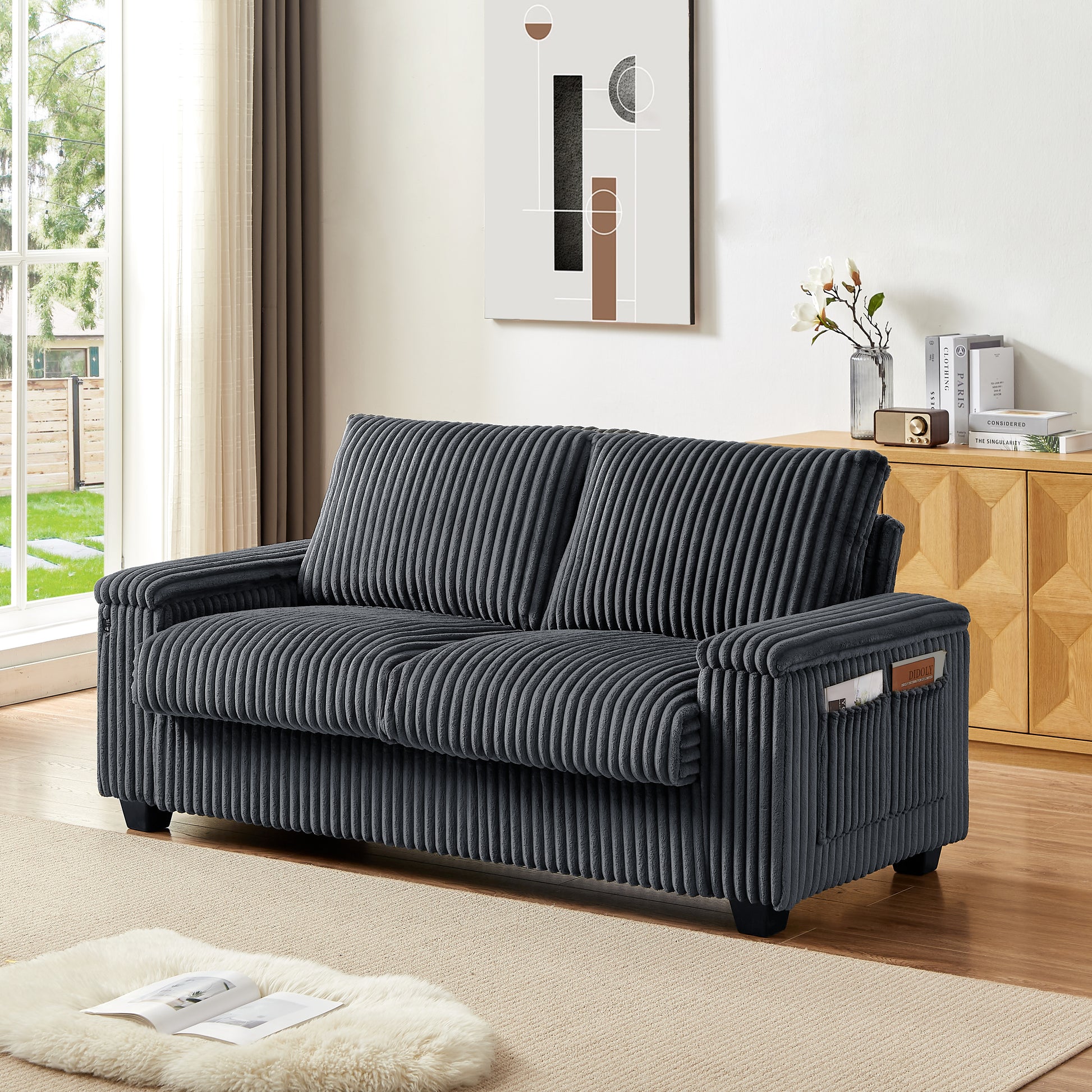 71" Loveseat Small Sofa Plush Corduroy Fabric Square Storage Armrest Usb Port Only Sofa, Do Not Include Ottoman Dark Grey Fabric