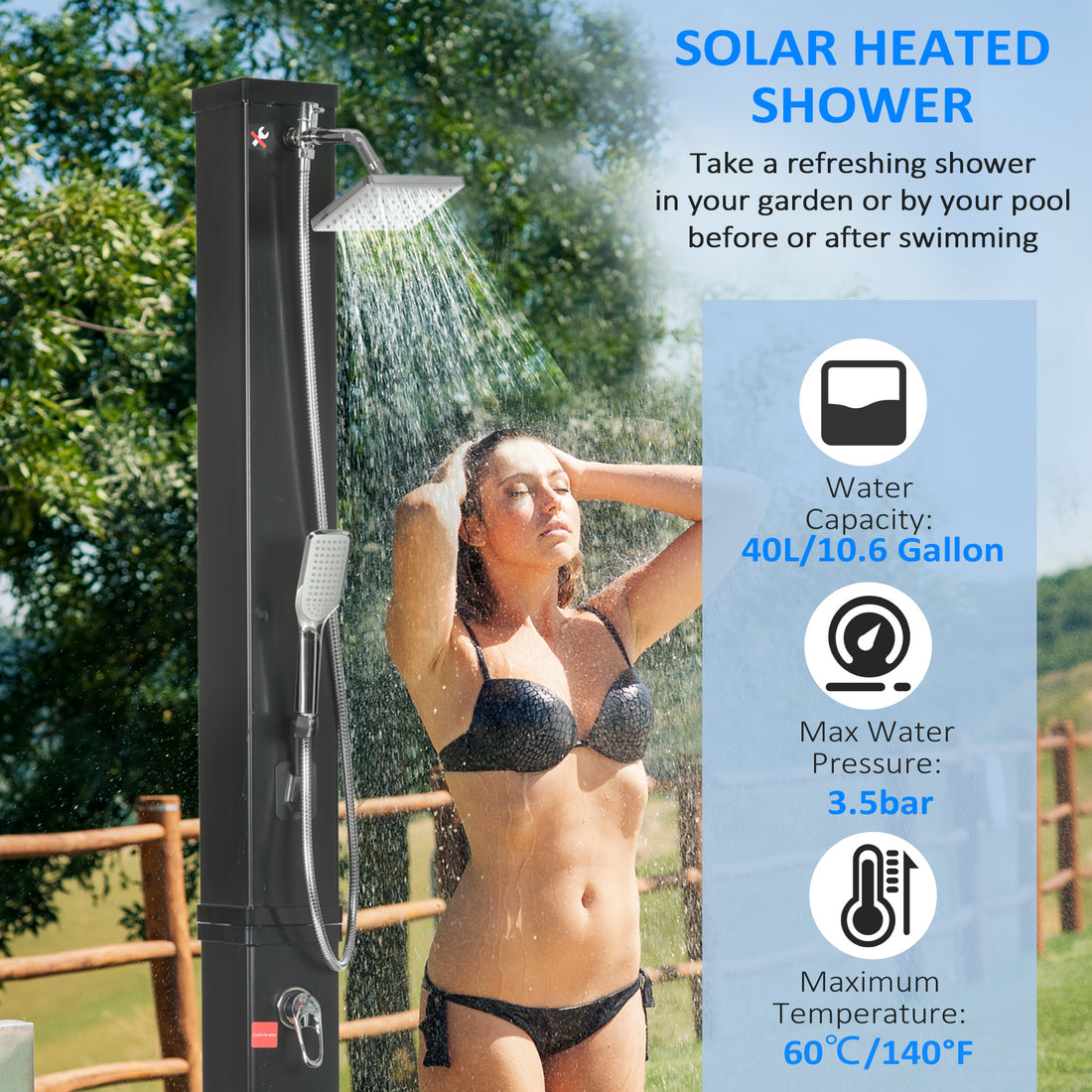 Outsunny 10.6 Gallons Solar Heated Shower With 360 Rotating Rainfall, Handheld Shower Head, Temperature Adjustment & Foot Shower, 2 Section Outdoor Shower For Backyard Poolside Beach Pool Spa, 7Ft