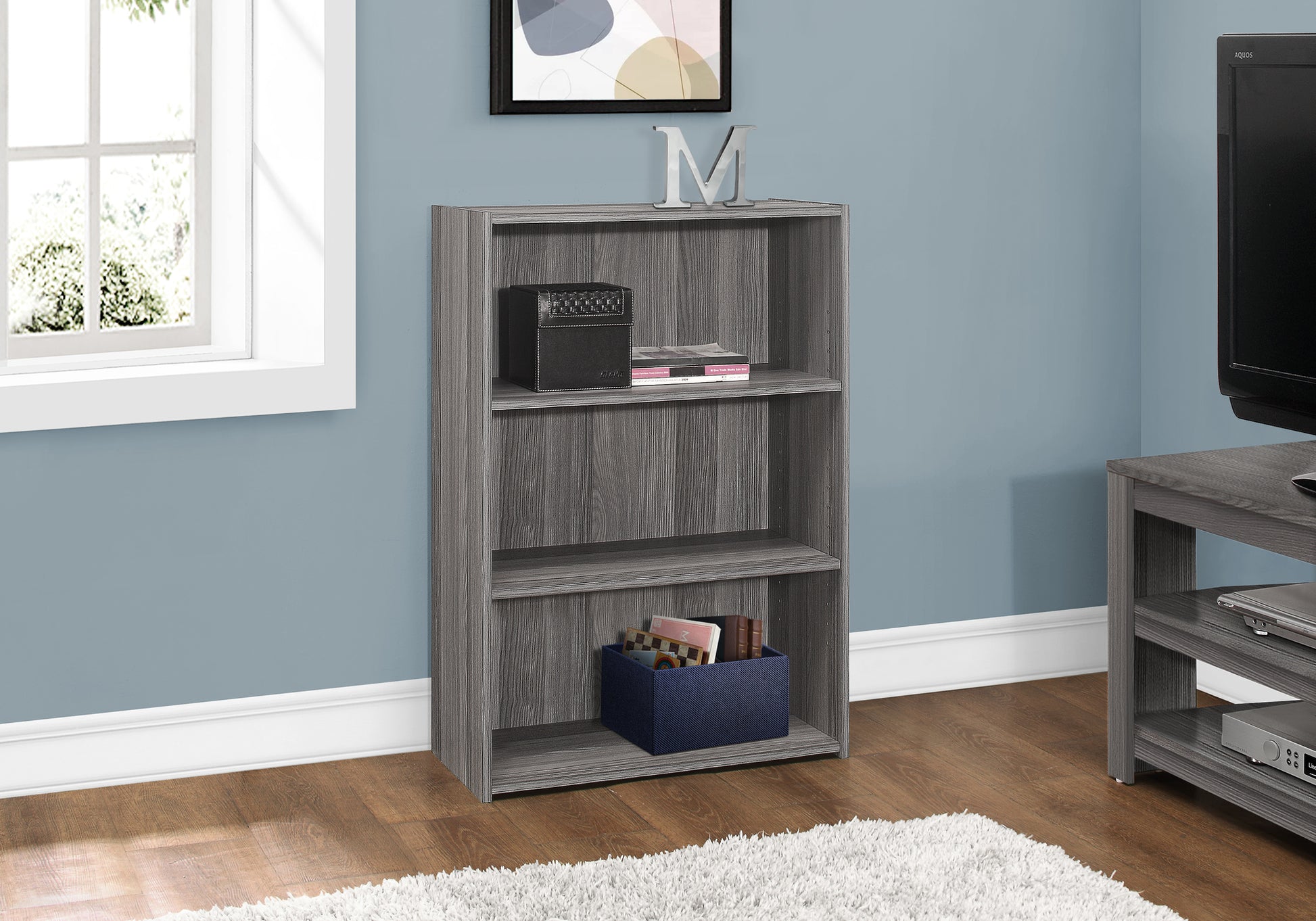 Bookshelf, Bookcase, 4 Tier, 36"H, Office, Bedroom, Grey Laminate, Transitional Grey Particle Board