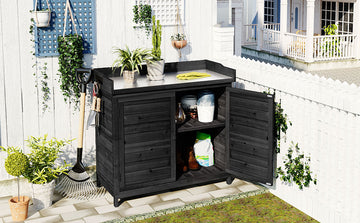 Outdoor 39" Potting Bench Table, Rustic Garden Wood Workstation Storage Cabinet Garden Shed With 2 Tier Shelves And Side Hook, Black Black Garden & Outdoor Casual Wood Solid Wood