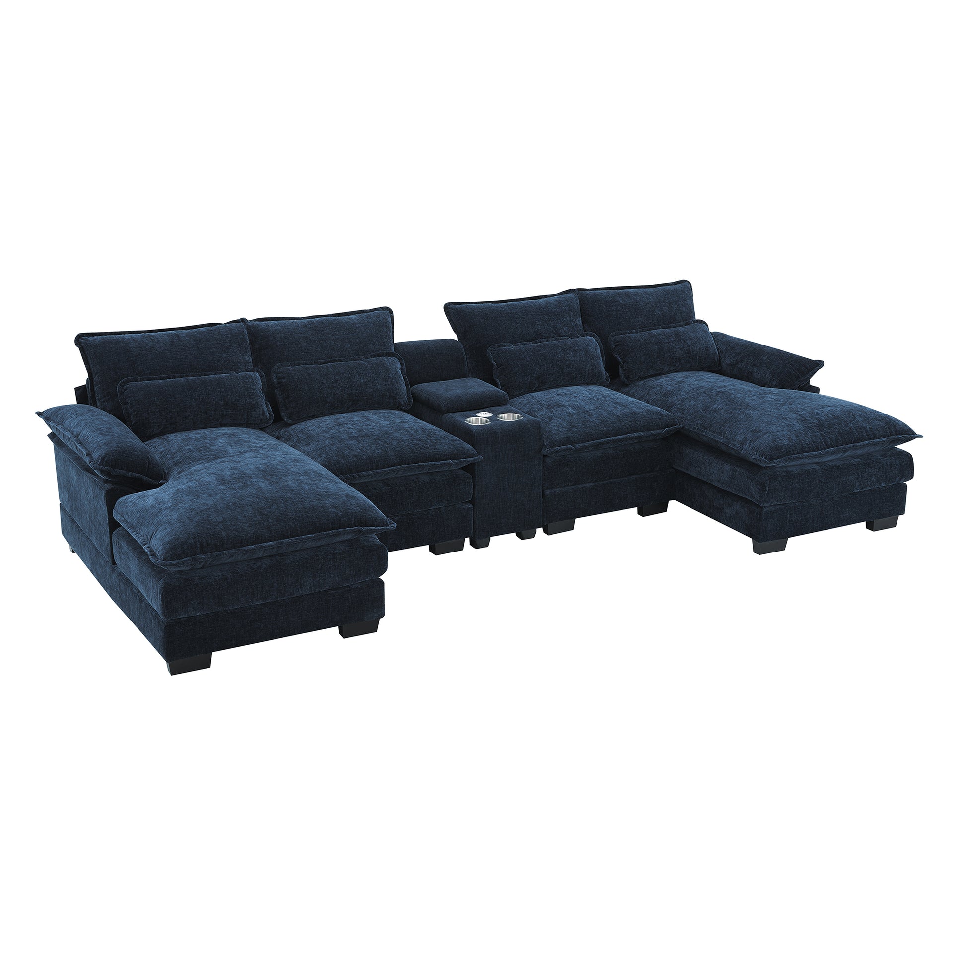 123*55" Modern U Shaped Sofa With Console,Cupholders And Usb Ports,6 Seat Upholstered Symmetrical Indoor Furniture,Sleeper Couch Set With Chaise For Living Room,Apartment,5 Colors Blue Chenille 6 Seat