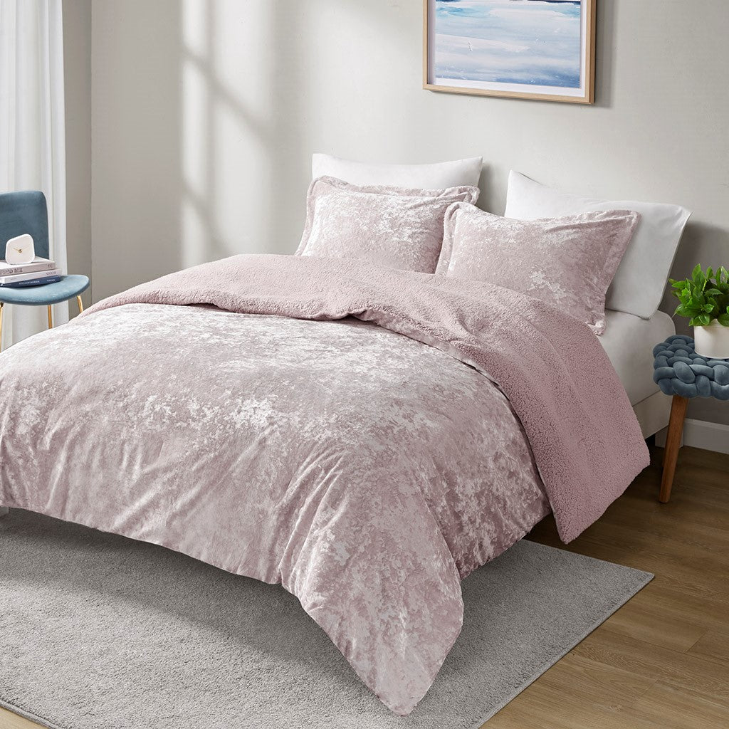 Crushed Velvet Sherpa Reversible Comforter Set Queen Light Purple Polyester