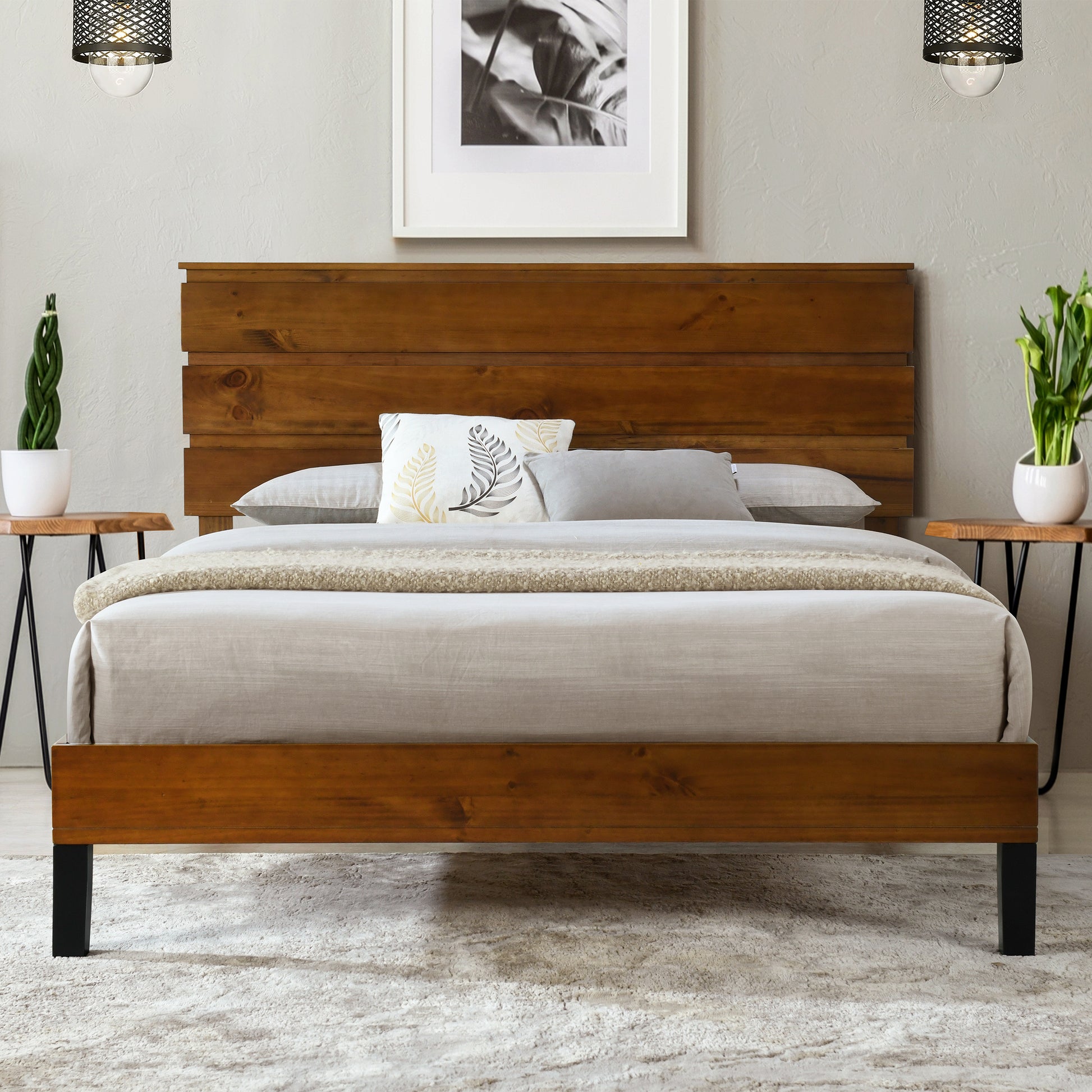 Mid Century Modern Solid Wood Bed Frame Queen Size Platform Bed With Three Piece Headboard Design, No Box Spring Needed, Brown Queen Brown Pine