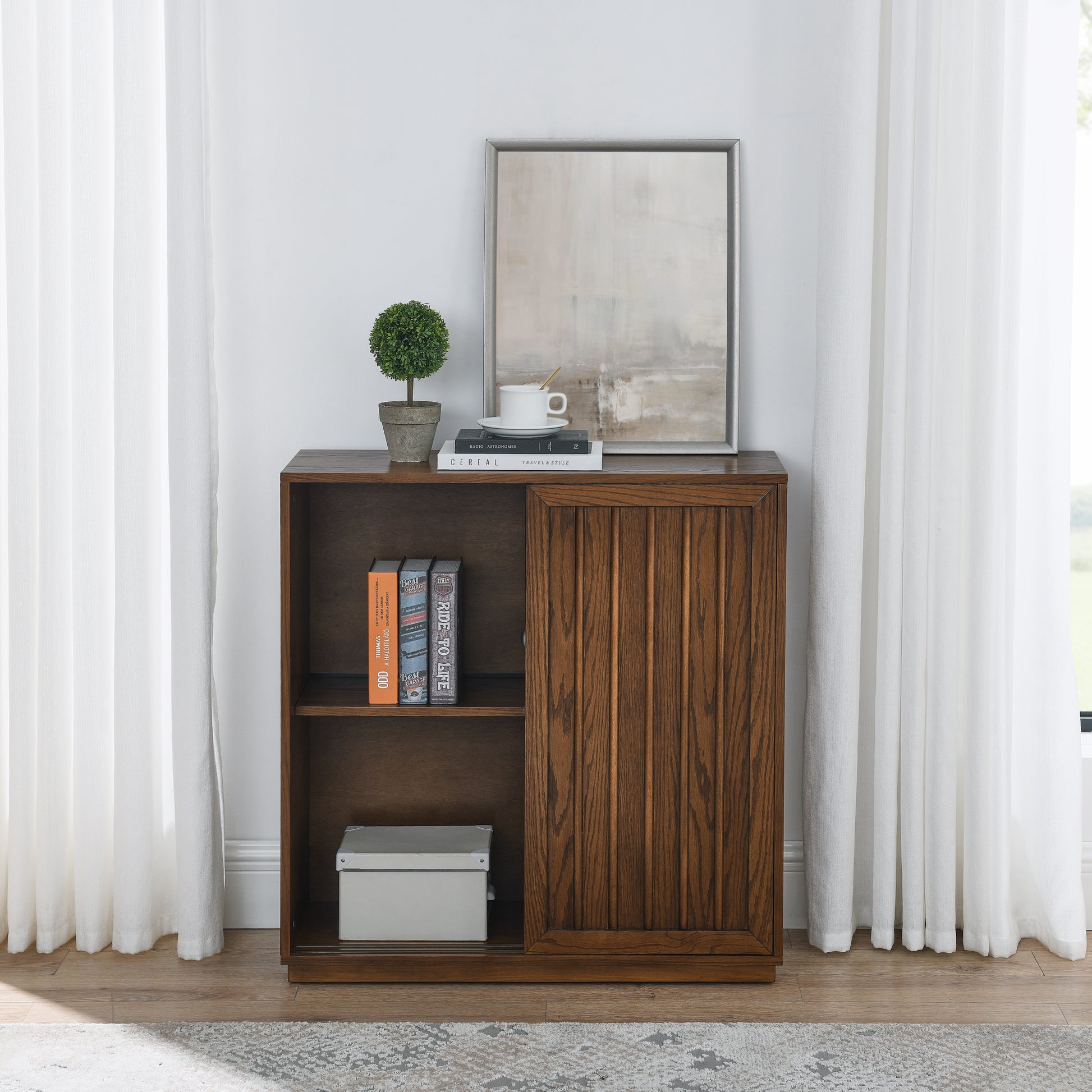 Mid Century Sideboard With 2 Sliding Door & Solid Wood Decorative Strips, Storage Cabinet For Living Room, Kitchen, Dining, Entryway, Hallway Walnut Mdf