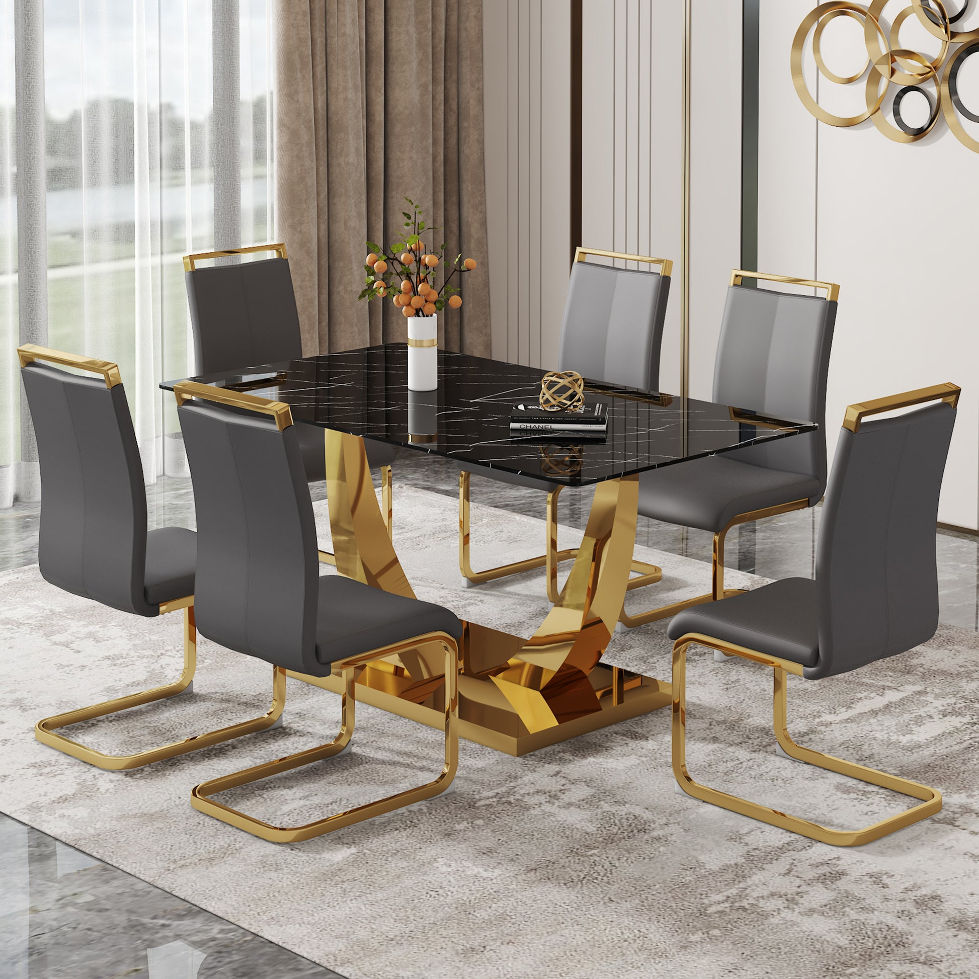 Table And Chair Set.Modern Rectangular Dining Table With Black Textured Stickers Glass Tabletop And Gold Plated Metal Legs.Paried With 6 Comfortable Chairs With Pu Seats And Golden Metal Legs. Dark Gray,Gold Seats 6 Glass Metal