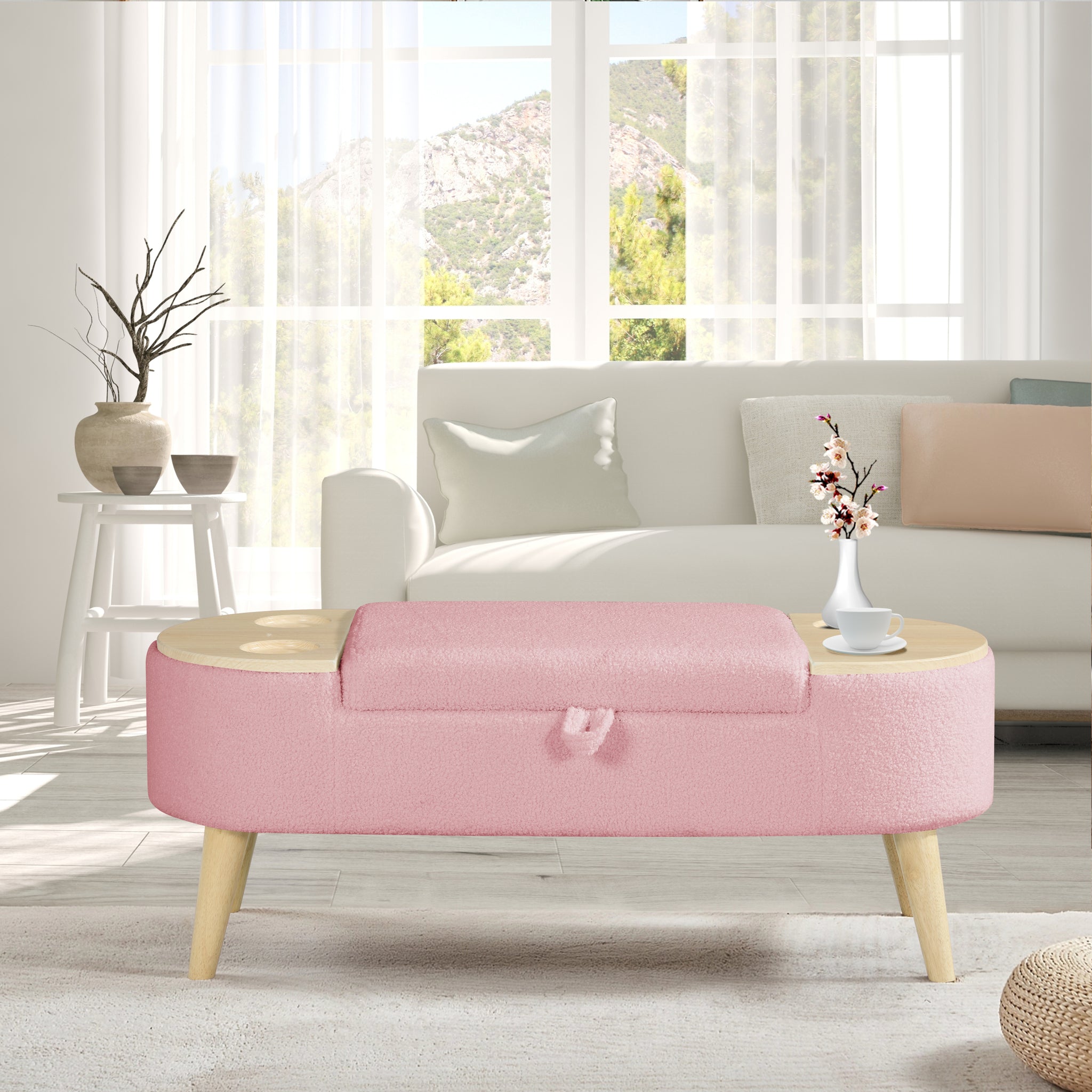 Ottoman Oval Storage Bench 3D Pile Fabric Bench With Large Storage Space For Living Room, Entryway And Bedroom Inpink Baskets White Primary Living Space Black Eucalyptus Wood Pink Step Stools & Step Ladders Cashmere Floral Contemporary Cubby Wool Fleece