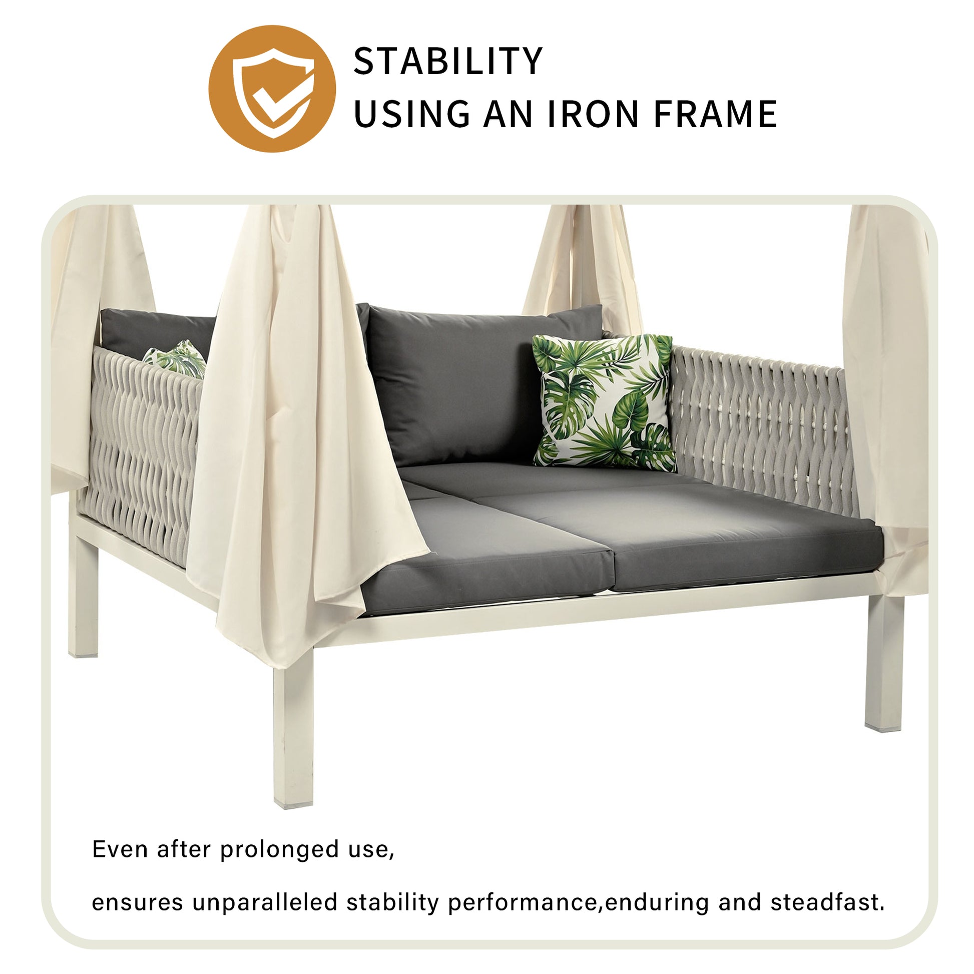 Outdoor Patio Sunbed With Curtains, High Comfort, Suitable For Multiple Scenarios Gray Beige Woven Rope