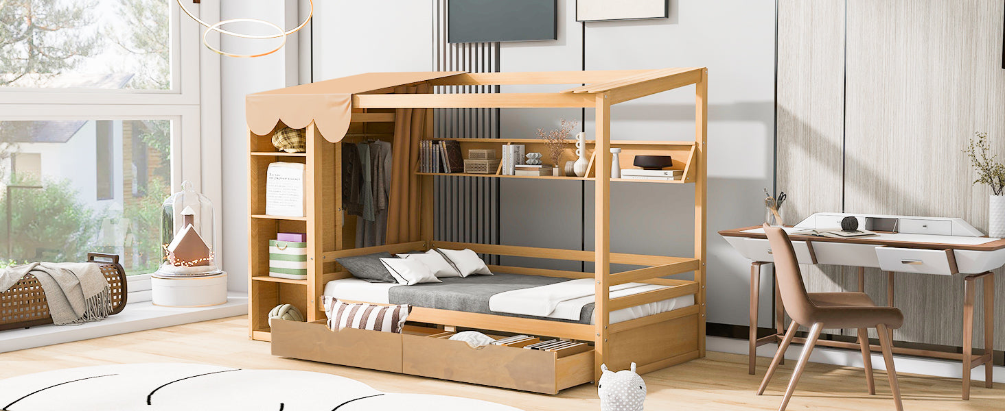 Twin Size House Bed With Two Drawers And Wardrobe,Natural Twin Natural Solid Wood