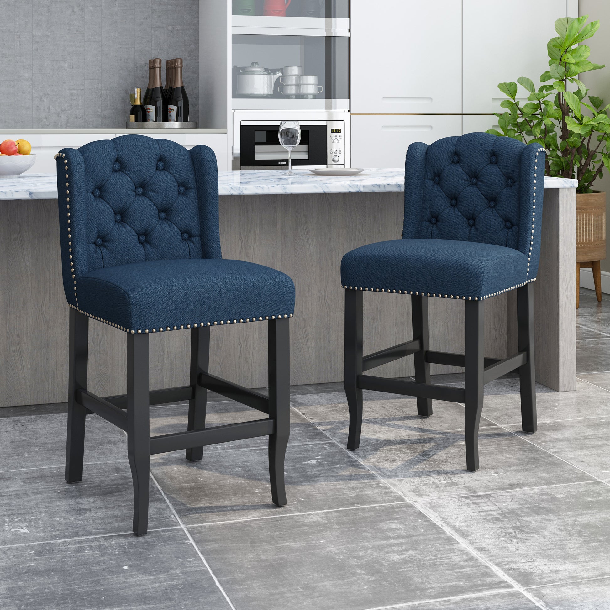 Vienna Contemporary Fabric Tufted Wingback 27 Inch Counter Stools, Set Of 2, Navy Blue And Dark Brown Navy Blue Fabric