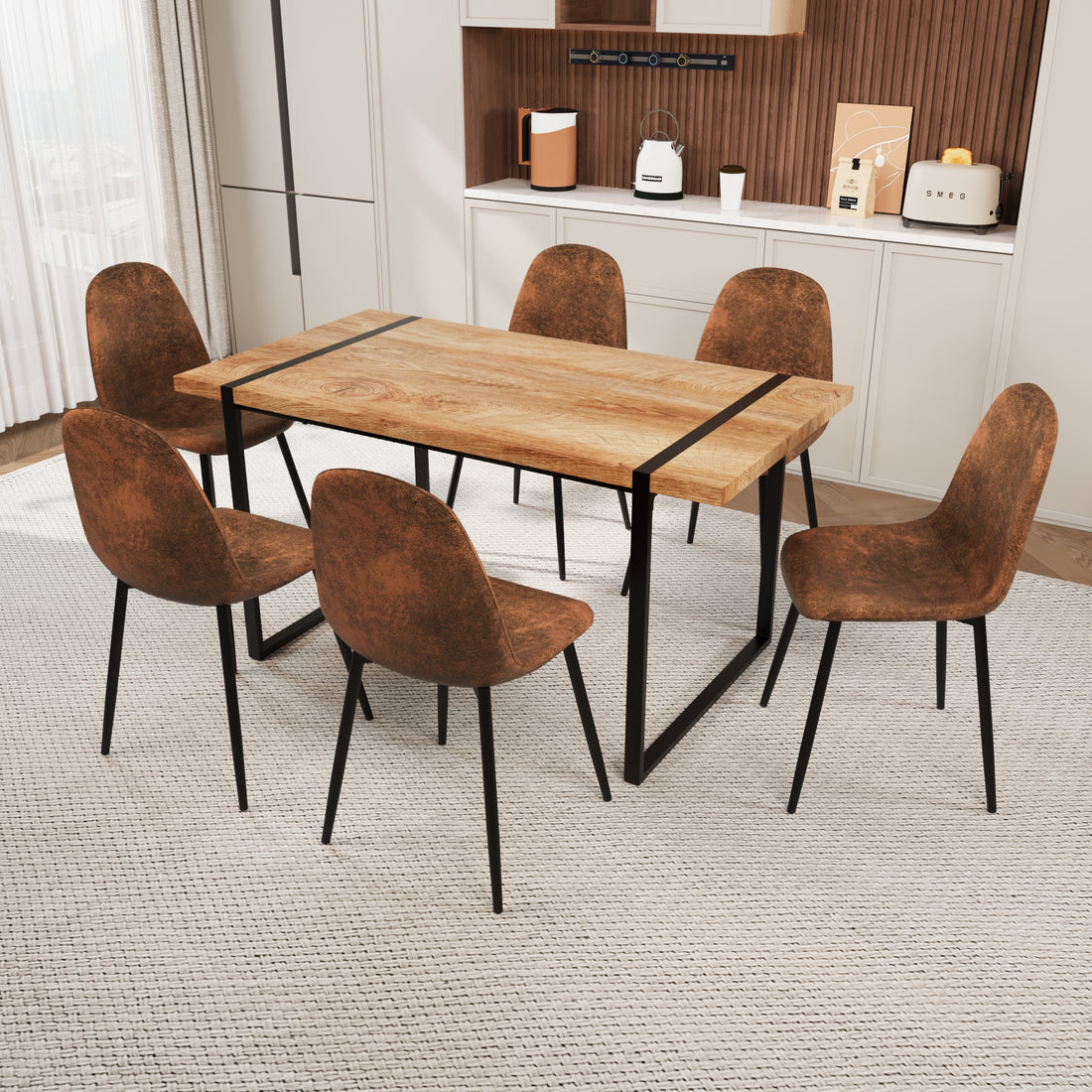 Mdf Natural Wood Dining Table And Modern Dining Chair Set Of 8 Pieces, Medieval Wooden Kitchen Dining Table Set, Black Metal Base, Dining Table And Suede Chair Set Buy 6 Chairs And Get 2 Free Brown