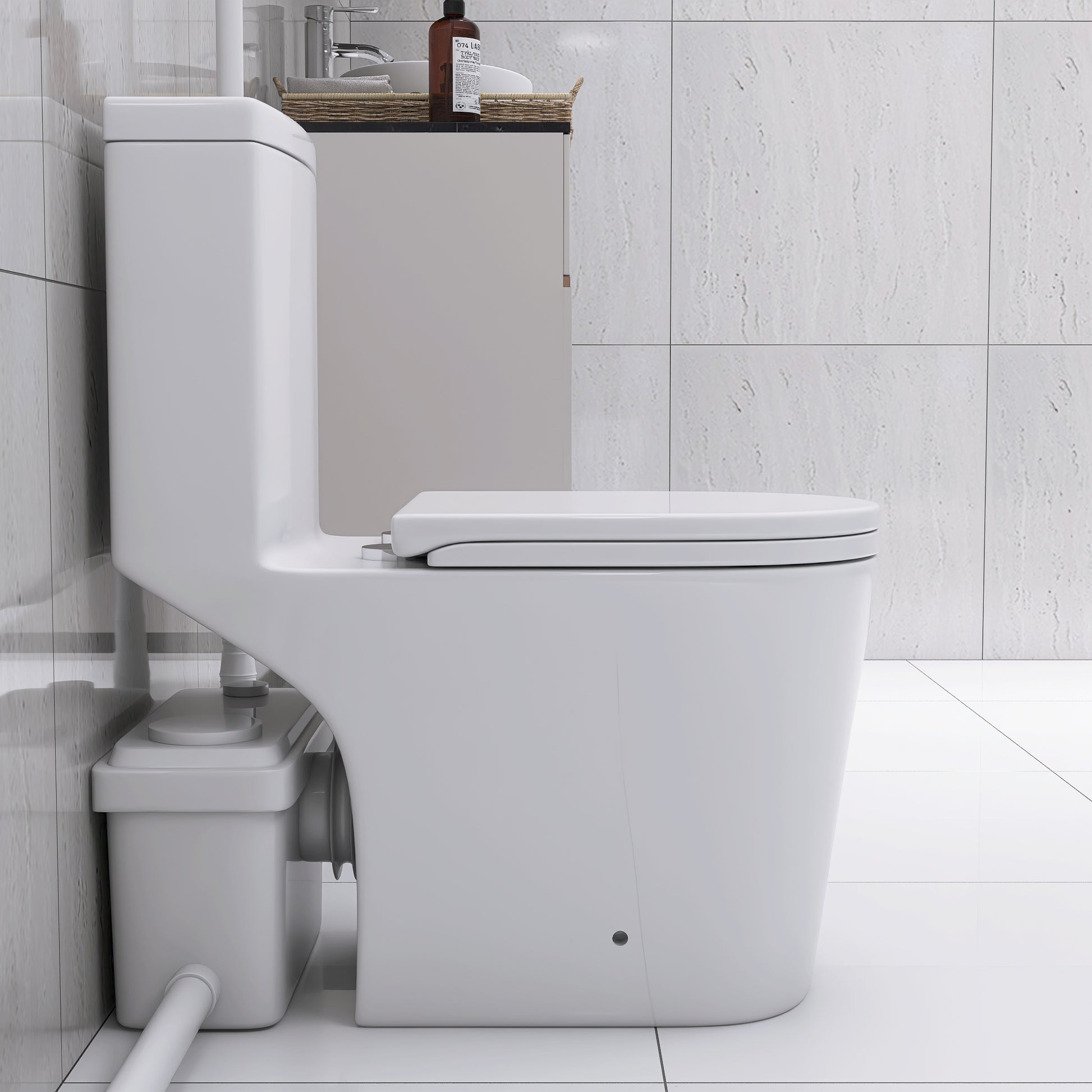 Upflush Toilet For Basement, 600W Macerating Toilet System With Powerful Dual Flush, Elongated 17.25 Ada Comfort, Soft Close Seat, 3 Water Inlets Connect To Sink, Shower, White White Modern Porcelain