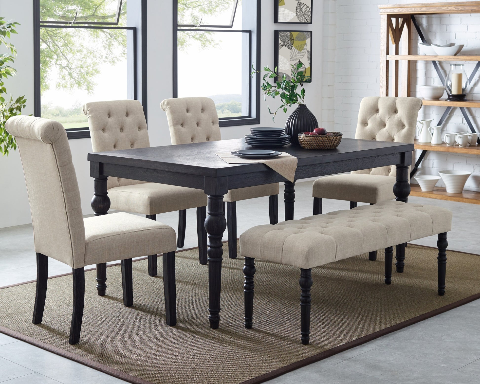Leviton Urban Style Dark Wash Wood Dining Set: Table, 4 Chairs And Bench Wood Black Wood Dining Room Fixed Table Rubberwood Rectangular 4 Leg Rectangular Dining Table With Chair And Bench Mdf
