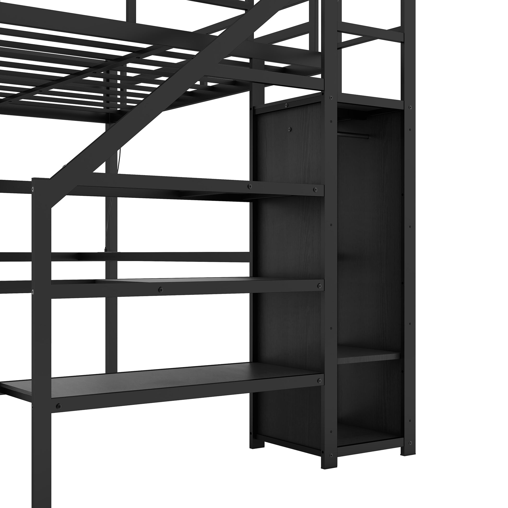 Twin Xl Size Loft Bed With L Shaped Desk And Usb, Metal Loft Bed With Wardrobe And Adjustable Shelf, High Loft Bed With Led For Kids Teens Adults, Black Twin Xl Black Metal