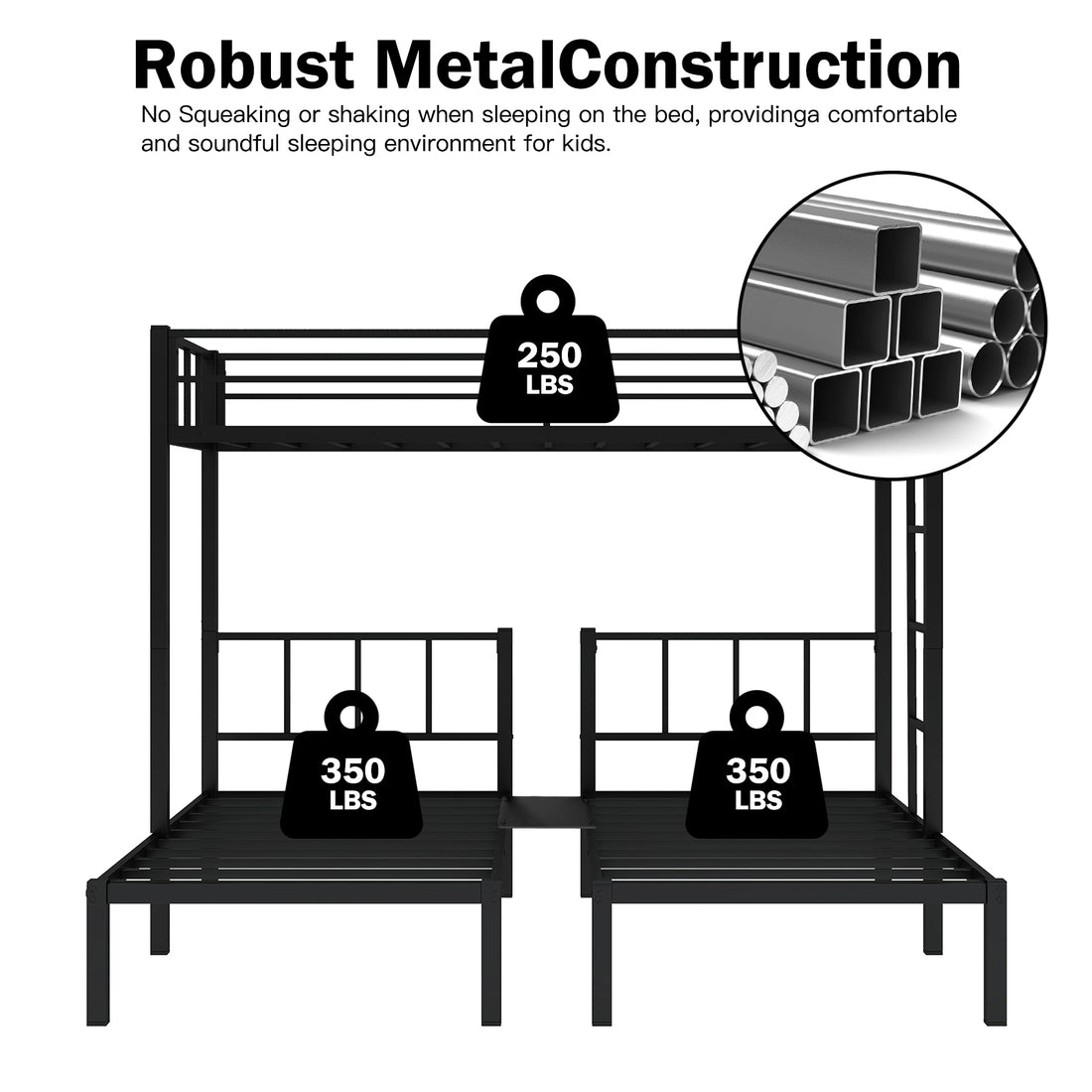 Triple Twin Bunk Bed, Can Be Separated Into 3 Twin Beds Black Metal