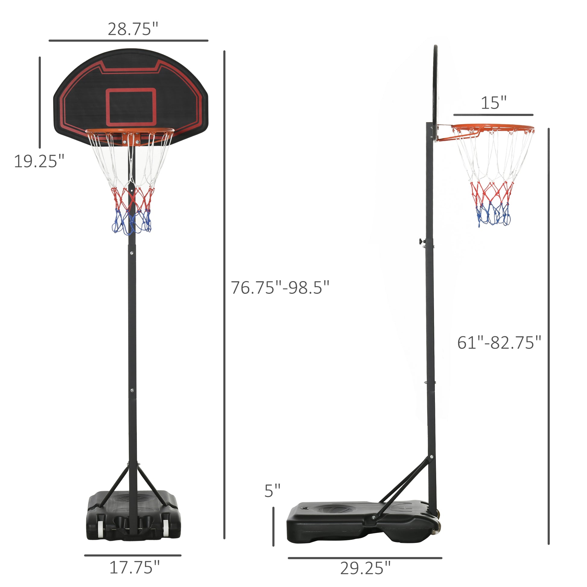 Soozier Portable Basketball Hoop Stand, 5.1 6.9Ft Height Adjustable Basketball System With 29'' Backboard And Wheels For Indoor And Outdoor Use, Black Black Steel