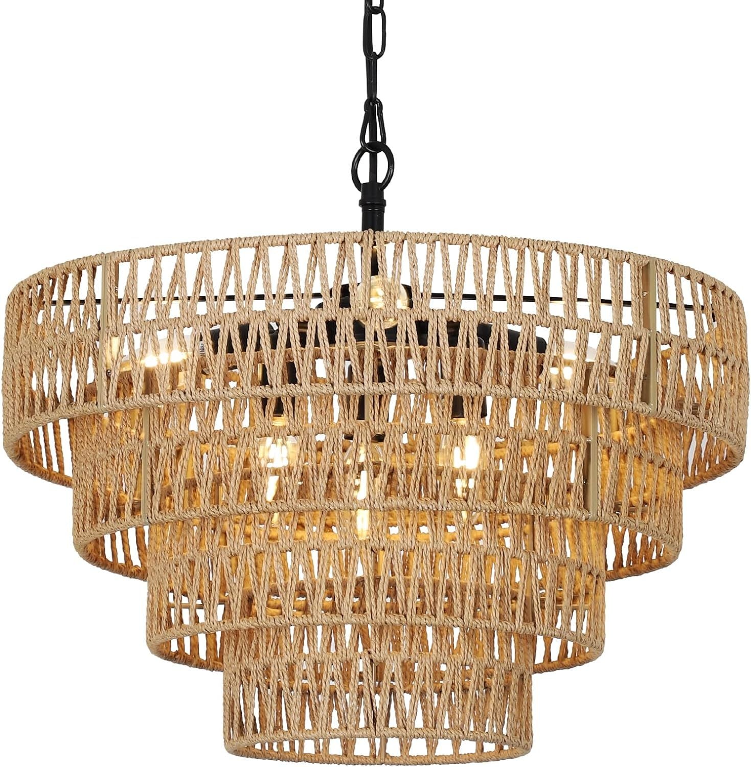 Boho 6 Light Rattan Chandelier Brown Rattan Metal