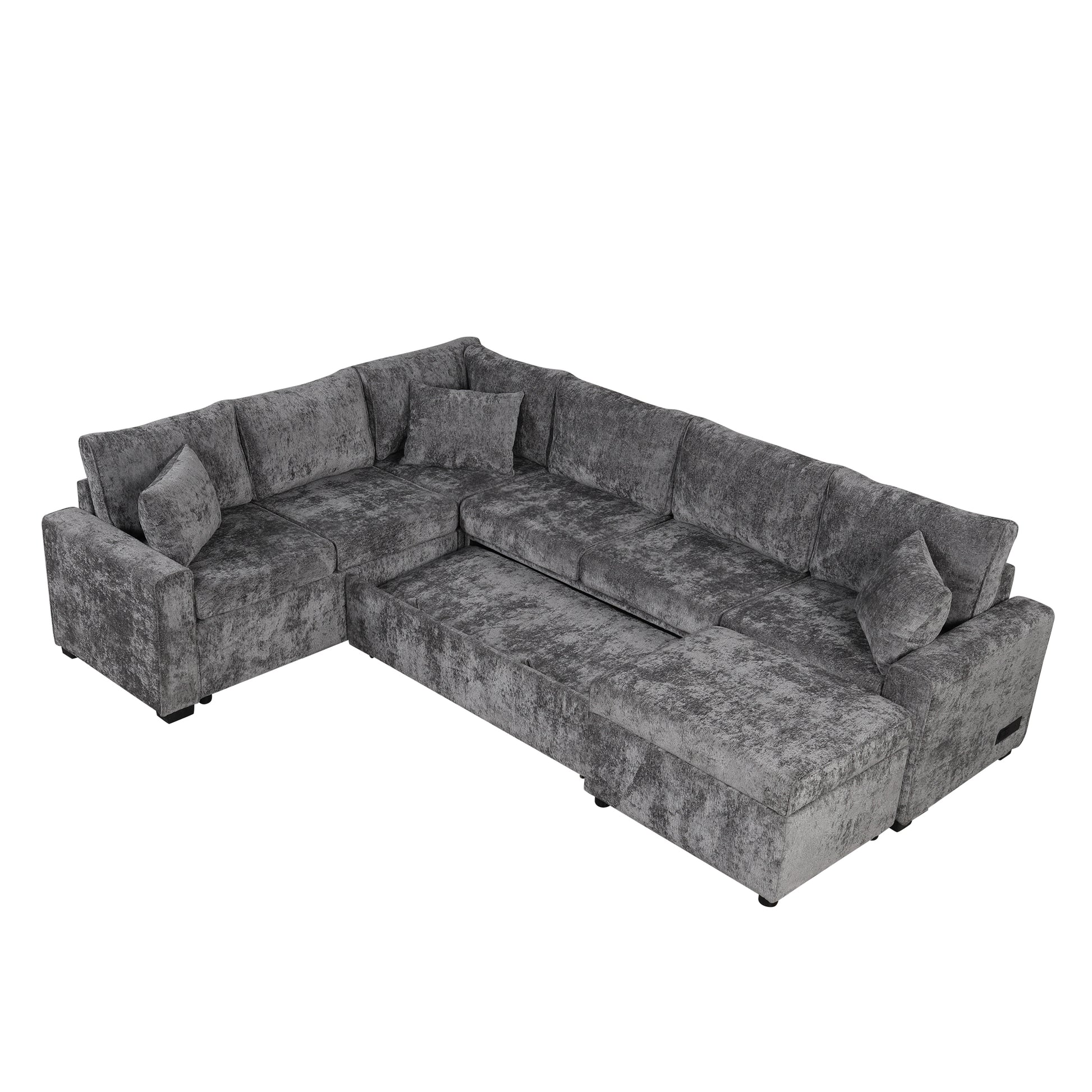 112.2" Sectional Sofa Pull Out Sofa Bed Sleeper With A Storage Ottoman,Three Pillows And Charging Devices For Living Room, Grey Grey Foam Chenille 6 Seat