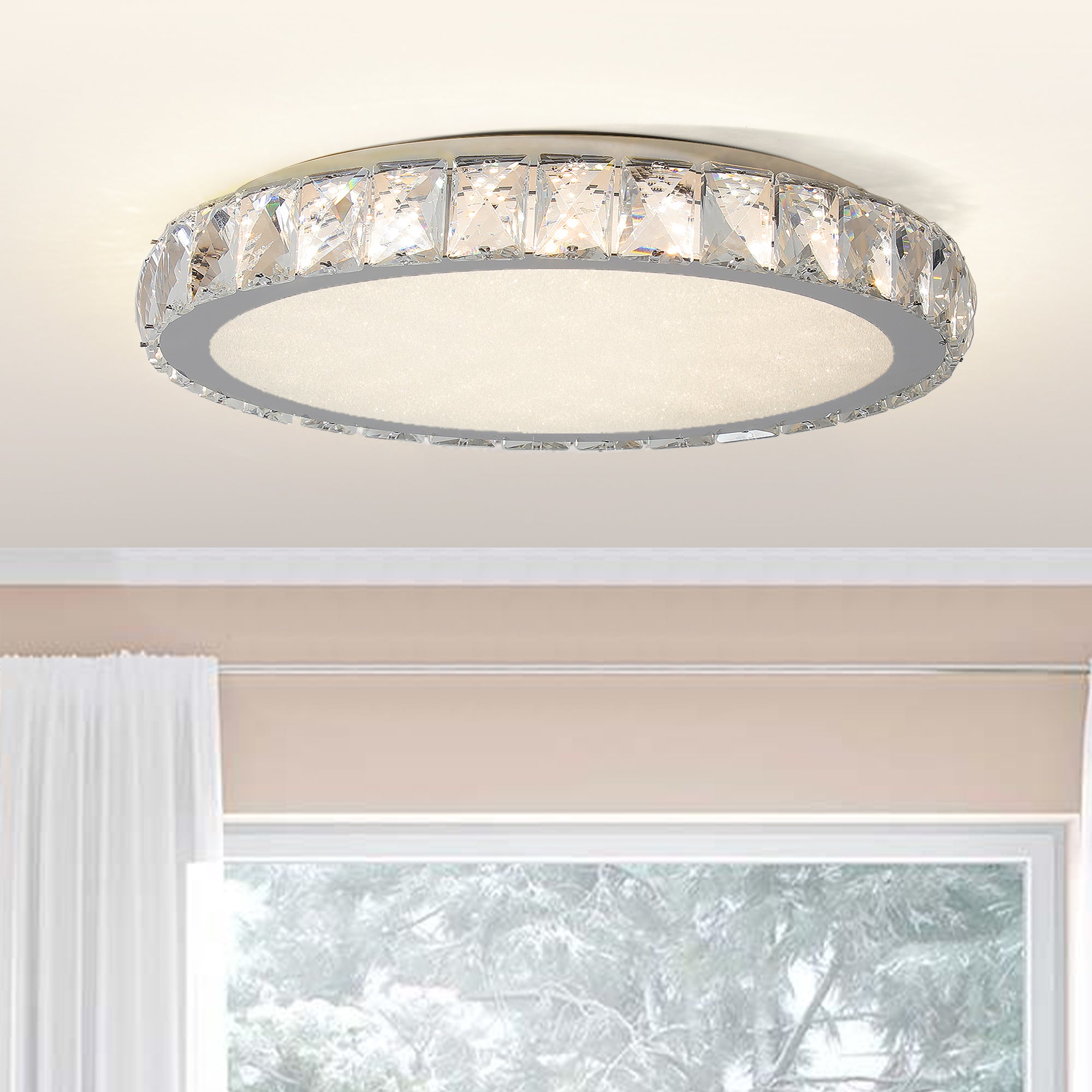 Crystal Led Ceiling Light, 19.7 Inch Flush Mount, 45W Dimmable Modern Fixture, Energy Saving, Perfect For Living Room, Bedroom, Kitchen Chrome Modern Crystal Iron