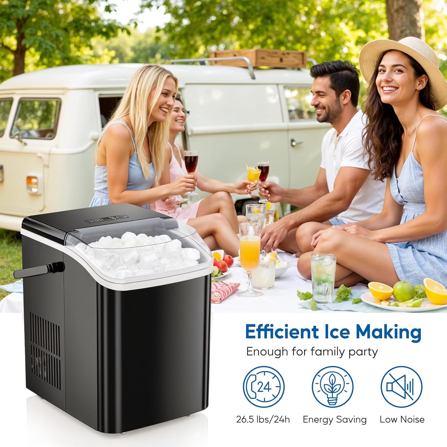 Countertop Ice Maker Machine, Fast Making 9 Ice Cubes In 6 Minutes, Self Cleaning With Scoop, Basket & Handle, 26.5Lbs 24Hrs, 2 Sizes Bullet Ice, Portable For Kitchen, Office, Party, Black Black