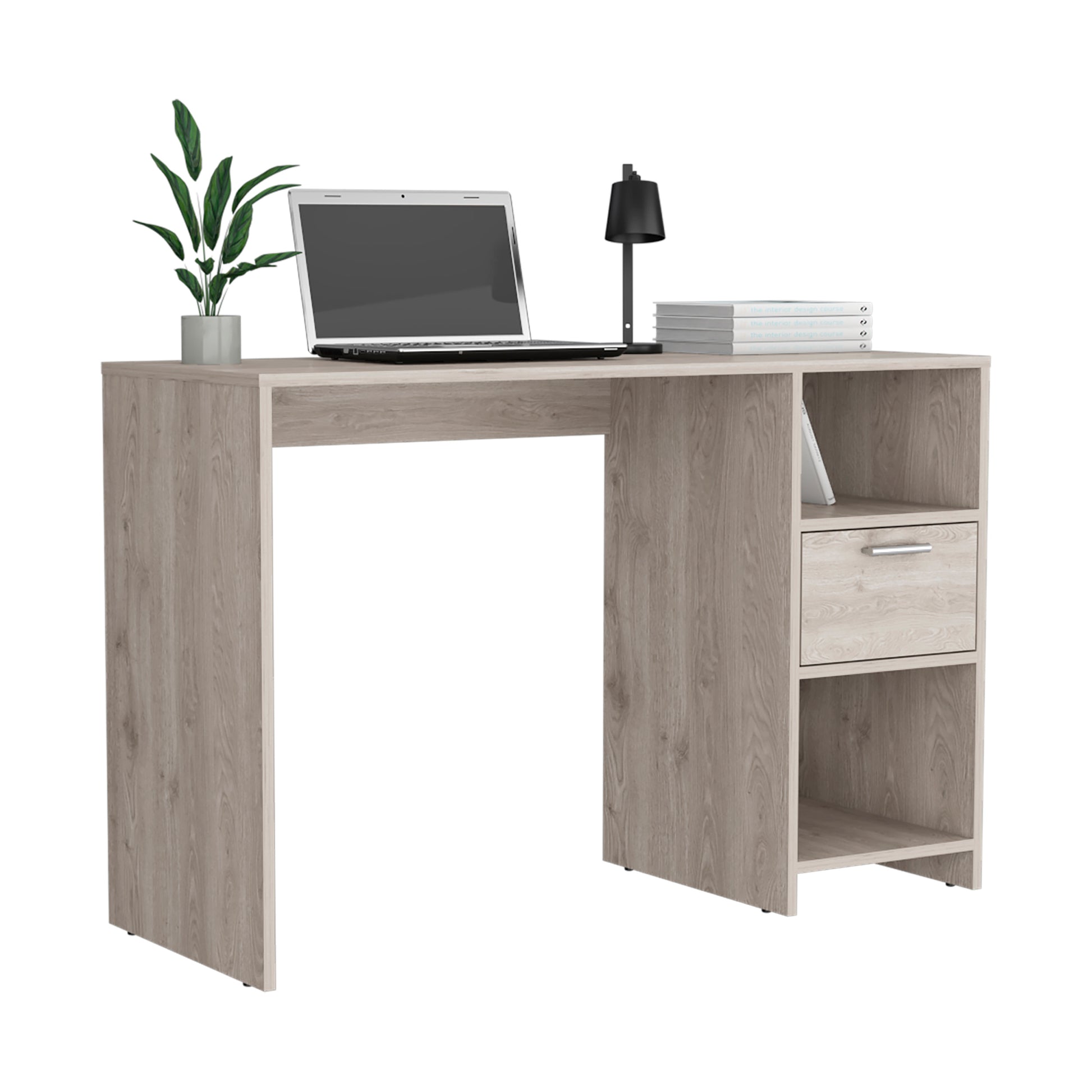 Computer Desk With 1 Drawer And 2 Open Storage Shelves, Light Gray Gray Particle Board Particle Board