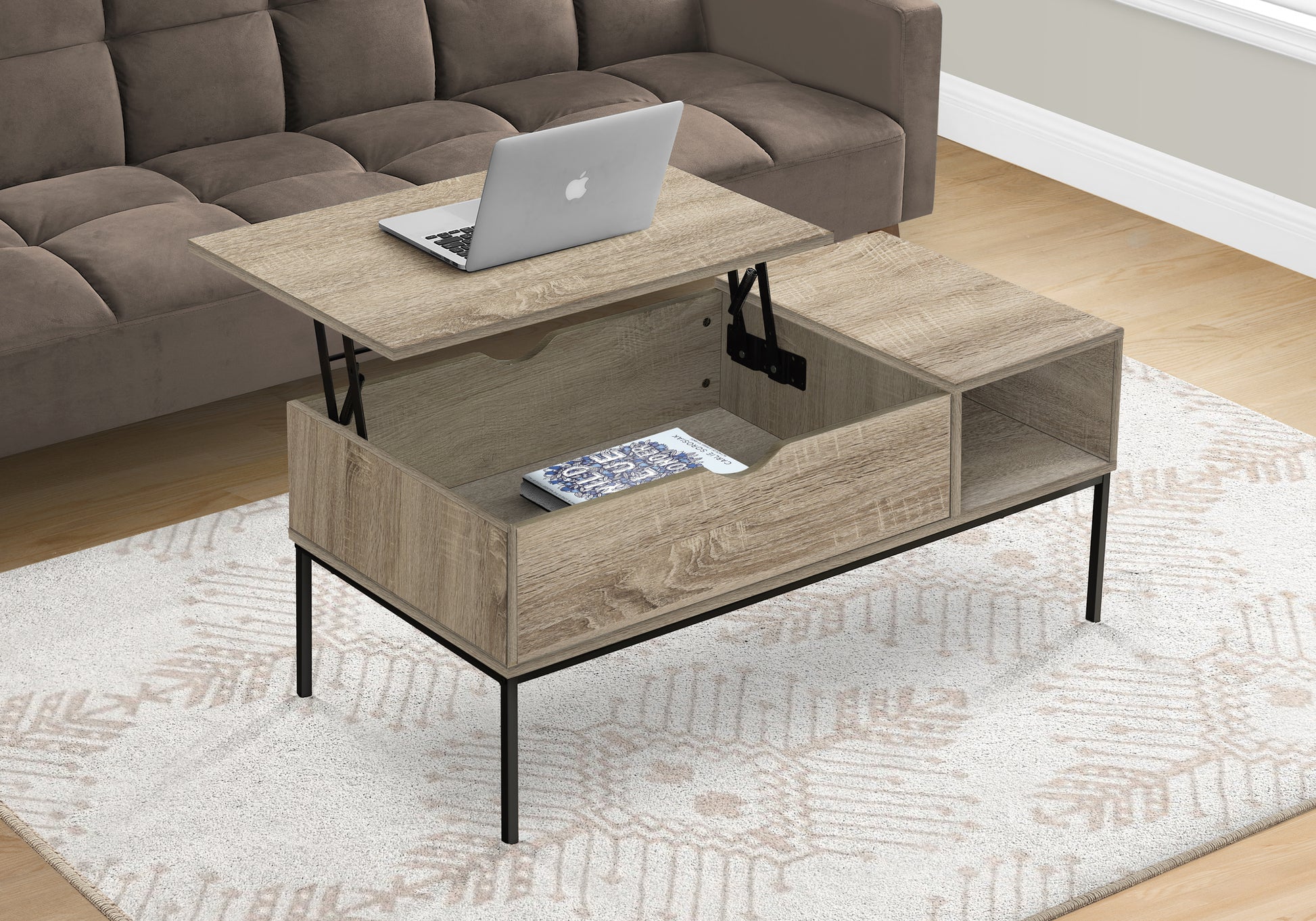 Coffee Table, 42" L, Rectangular, Cocktail, Lift Top, Dark Taupe, Black Metal, Contemporary, Modern Taupe Particle Board