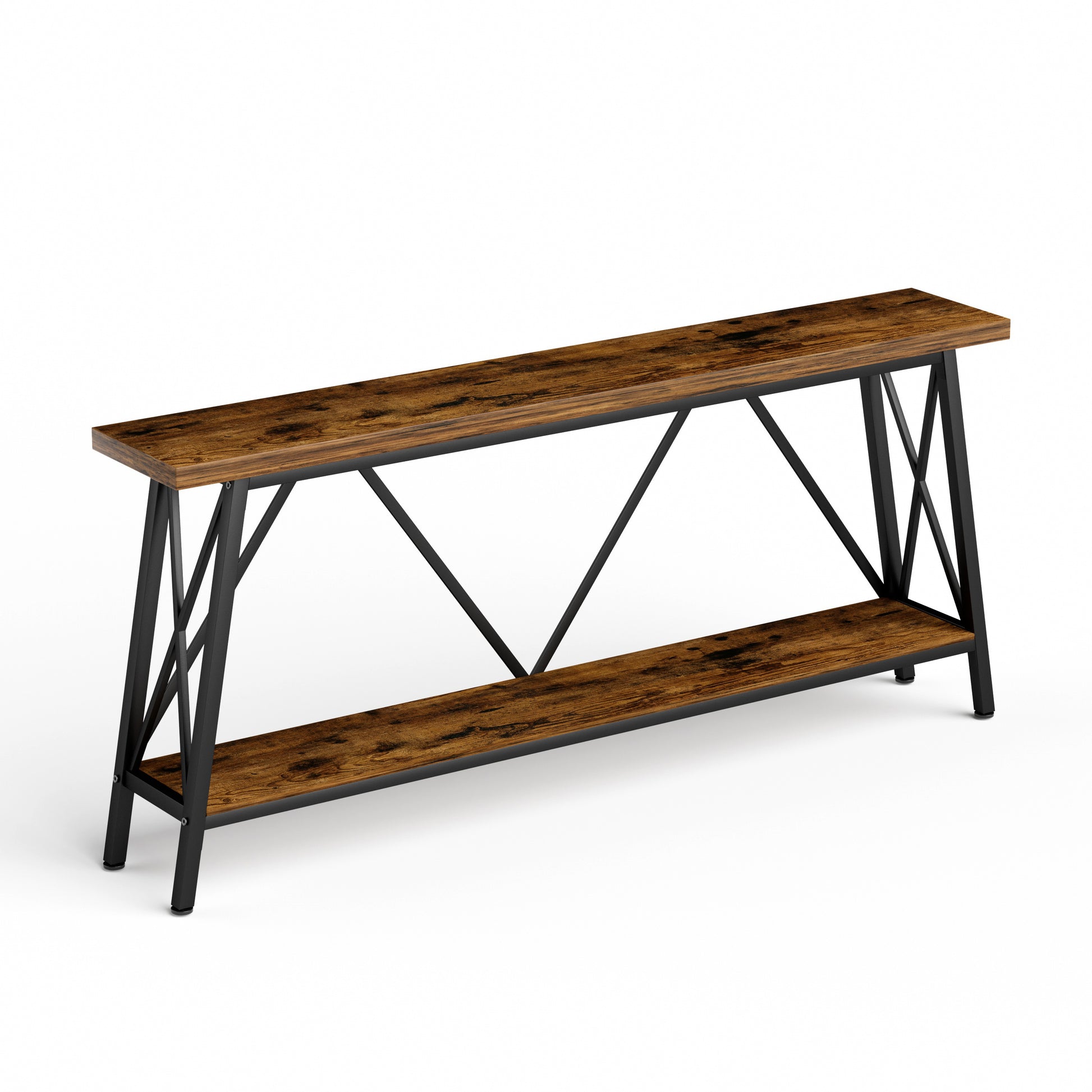 70.9 Inch Extra Long Sofa Table, Console Behind Sofa, Entryway Table With 2 Tier Storage Shelves For Hallways,Living Rooms,Foyers,Entryways,Banquet Rooms,Rustic Brown And Black, 70.9 L X 11.8"W X