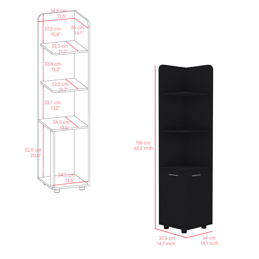 Malibu 62" Tall Double Door Corner Linen Cabinet With Four Shelves Black Black Particle Board